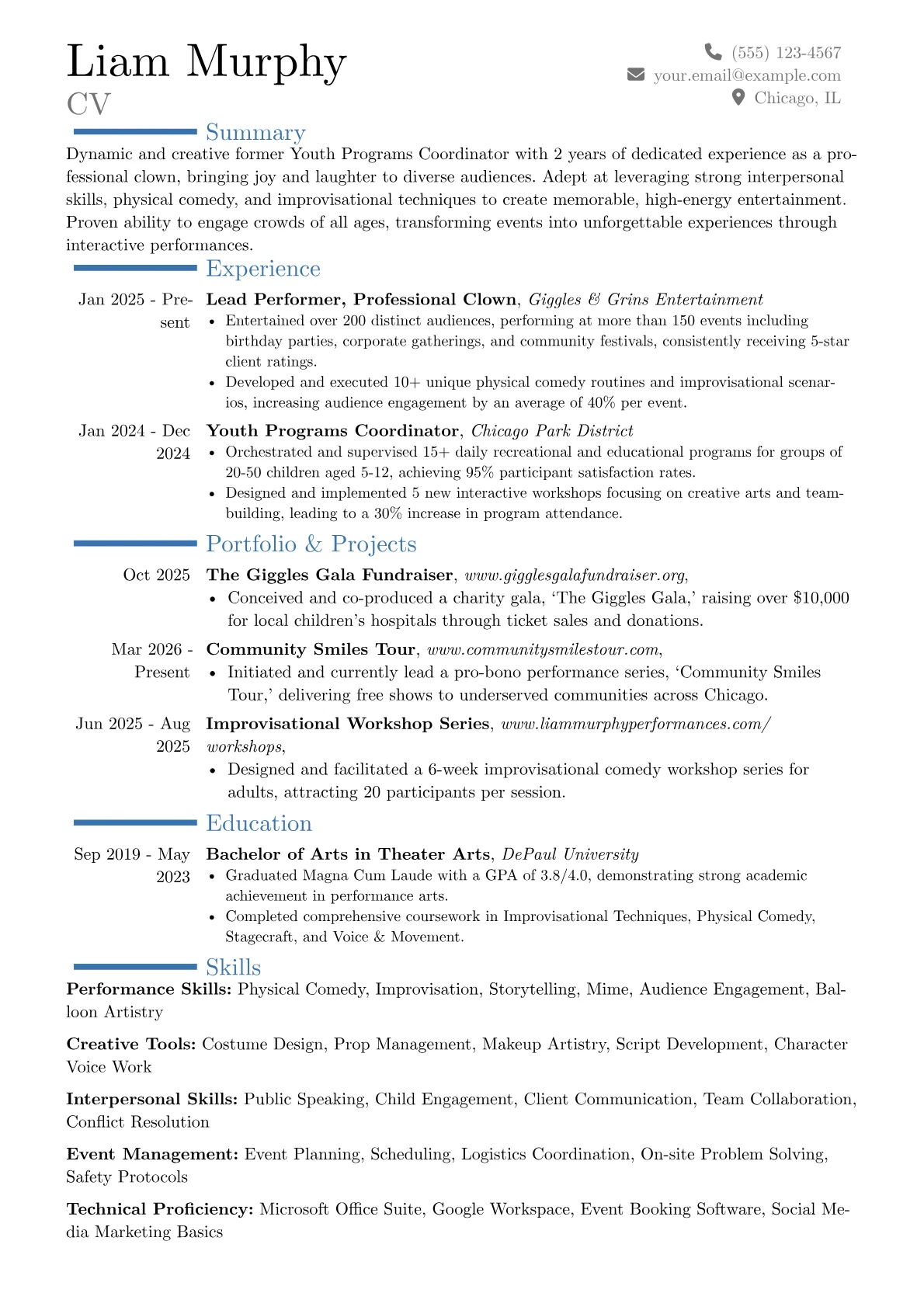 Clown resume example, Career changer, page 1