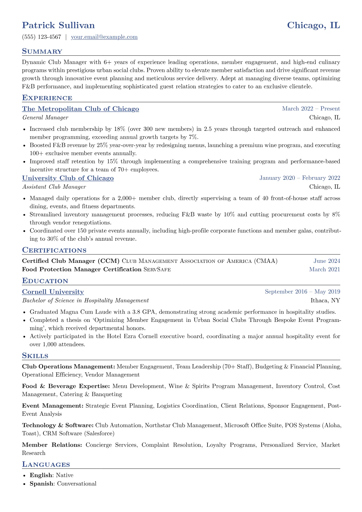 Club Manager resume example, Luxury Urban Social Club, page 1