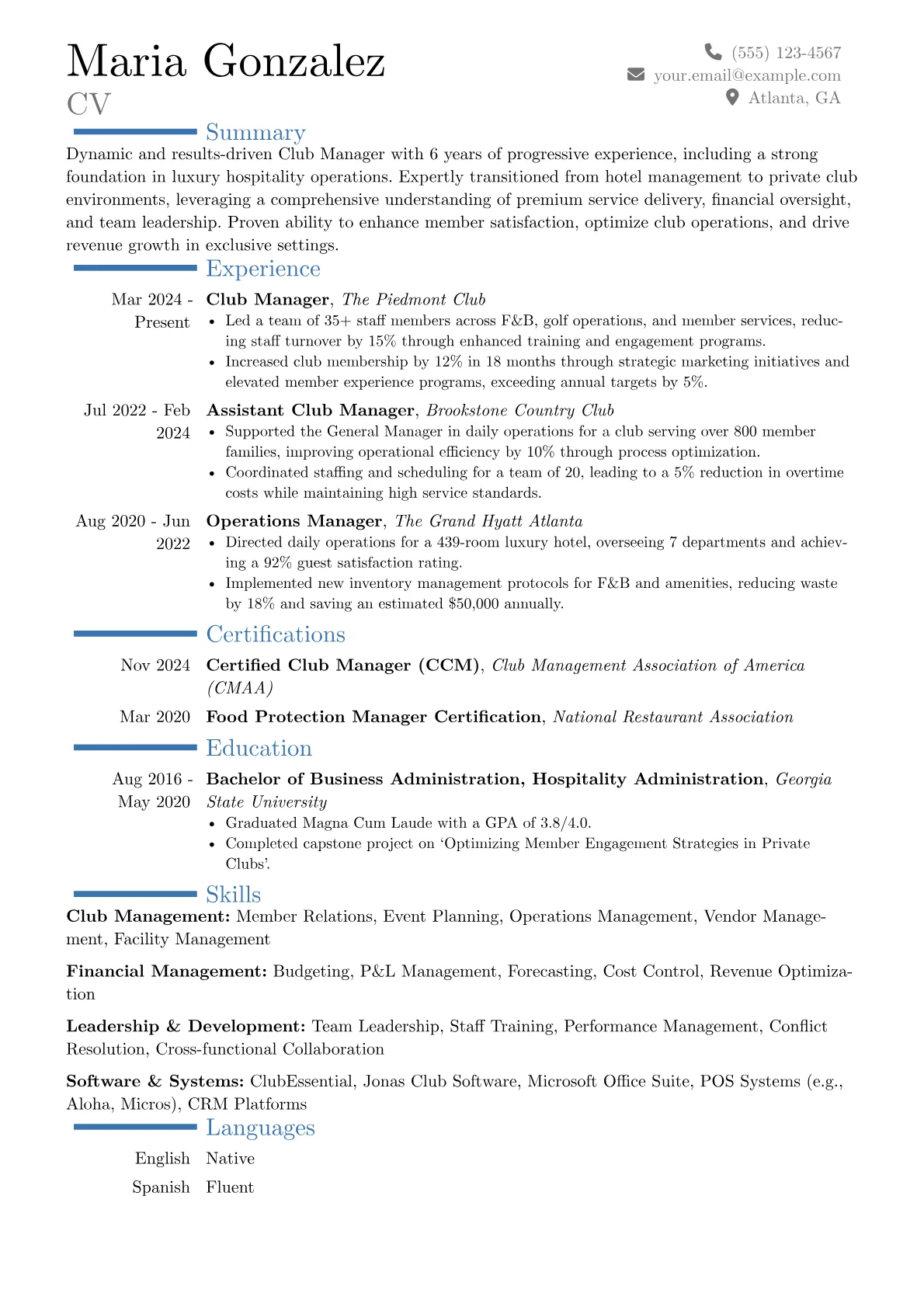 Club Manager resume example, Career changer, page 1