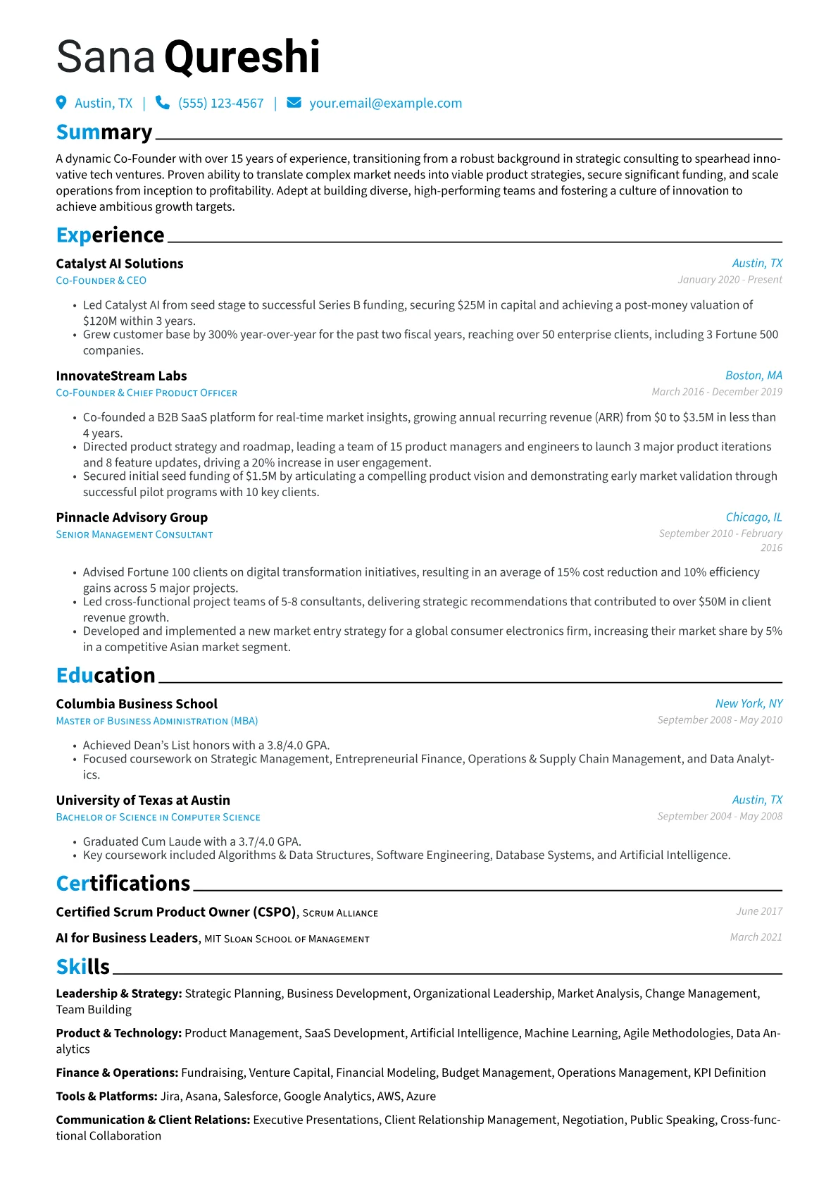 Co-Founder resume example, Career changer, page 1