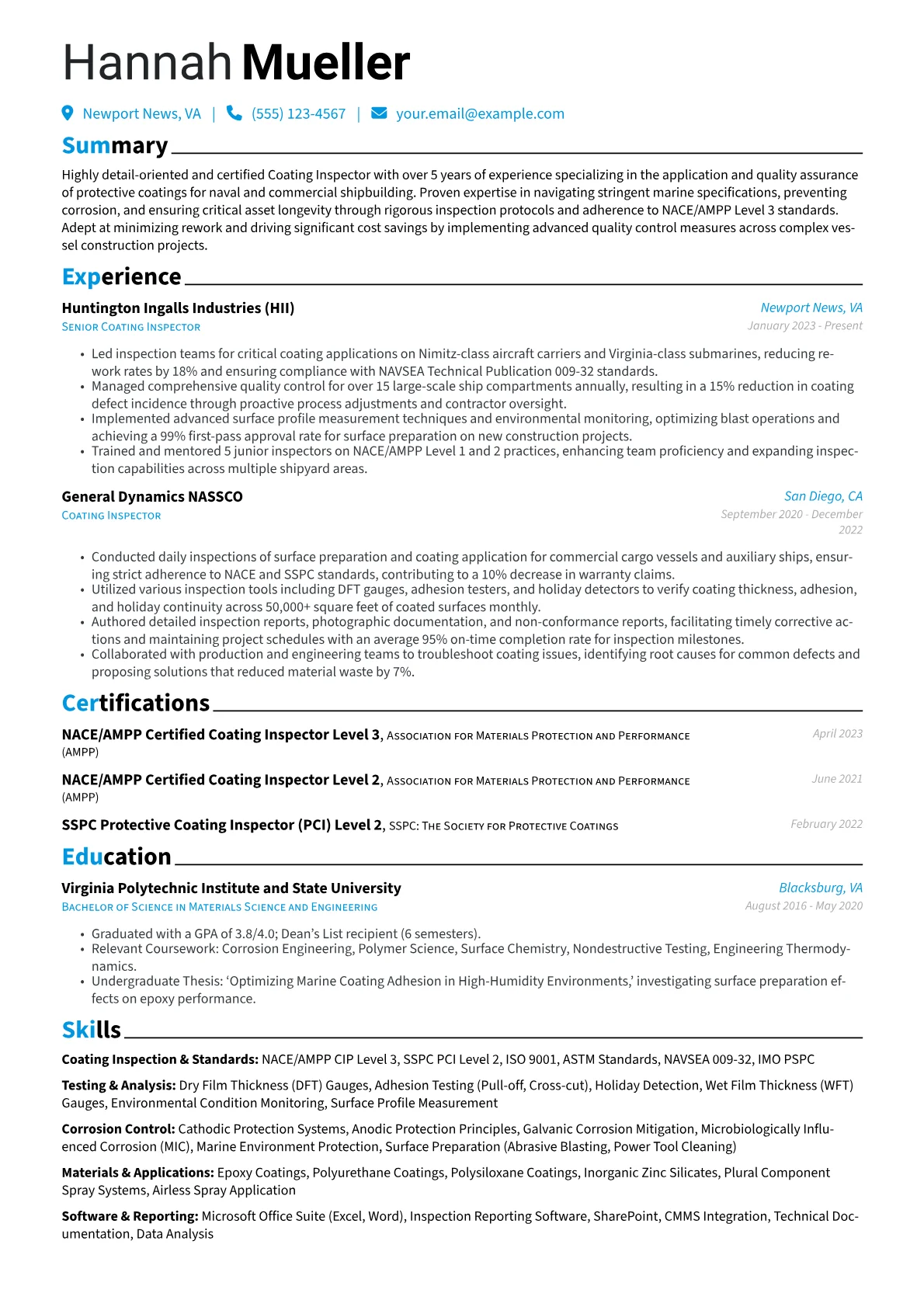 Coating Inspector resume example, Coating Inspection, page 1