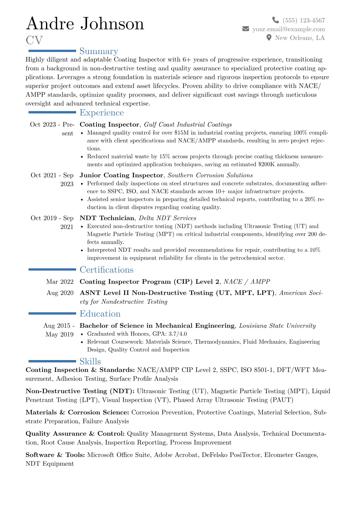 Coating Inspector resume example, Career changer, page 1