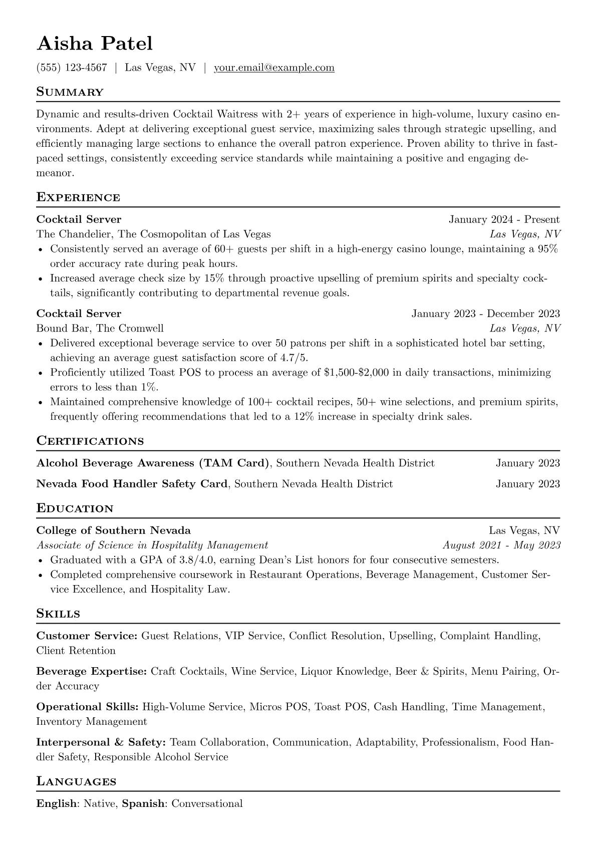 Cocktail Waitress resume example, Casino Cocktail Waitress, page 1