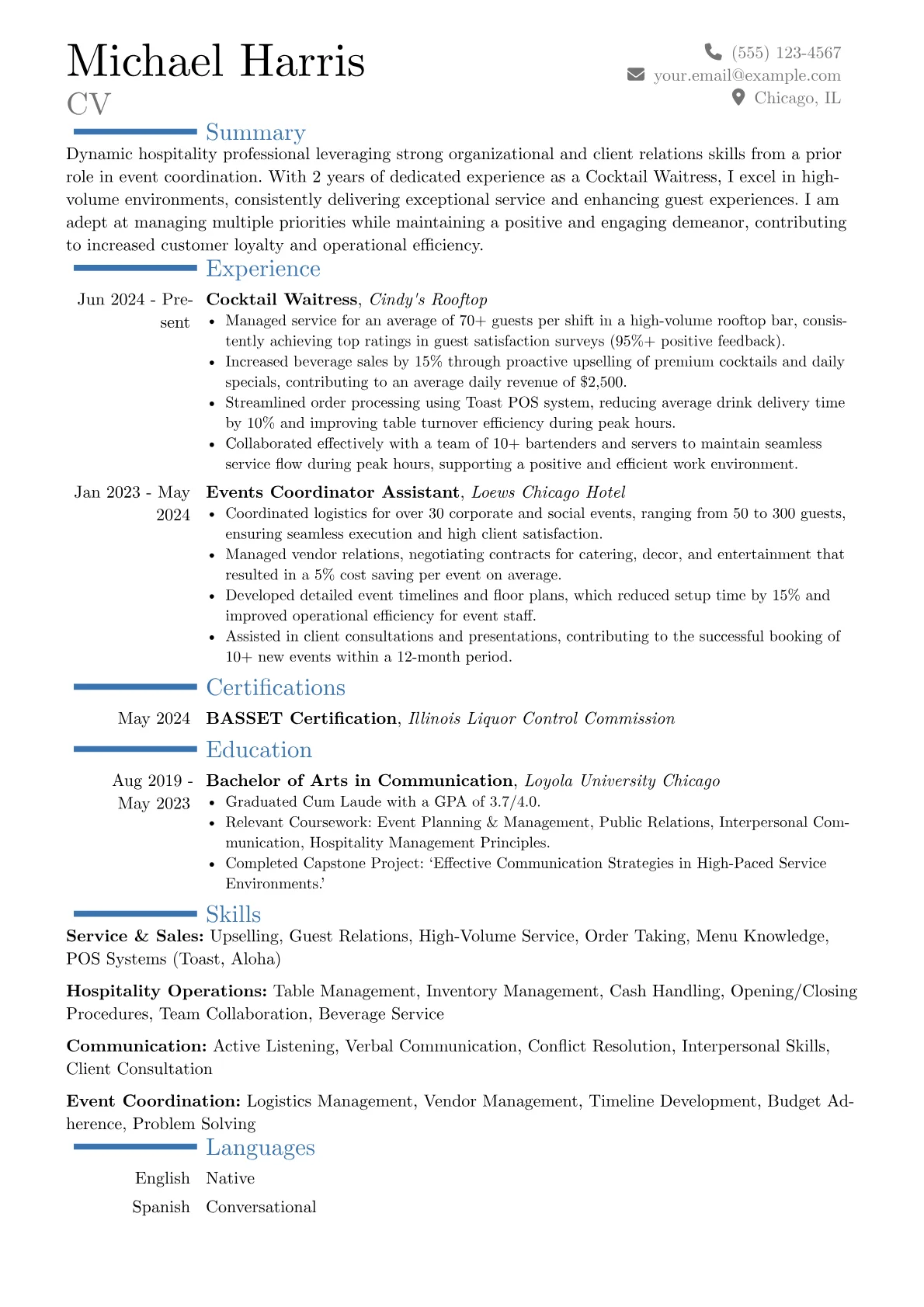 Cocktail Waitress resume example, Career changer, page 1