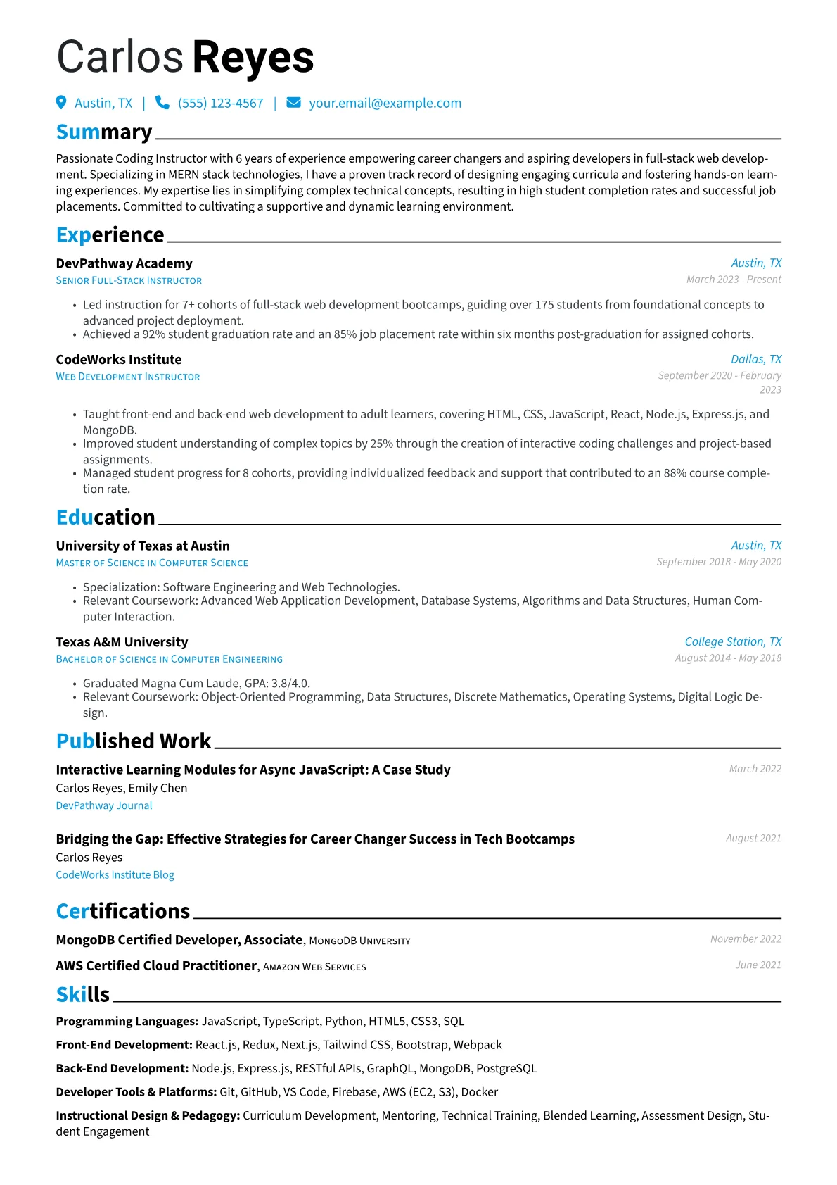 Coding Instructor resume example, Full-Stack Web Development, page 1