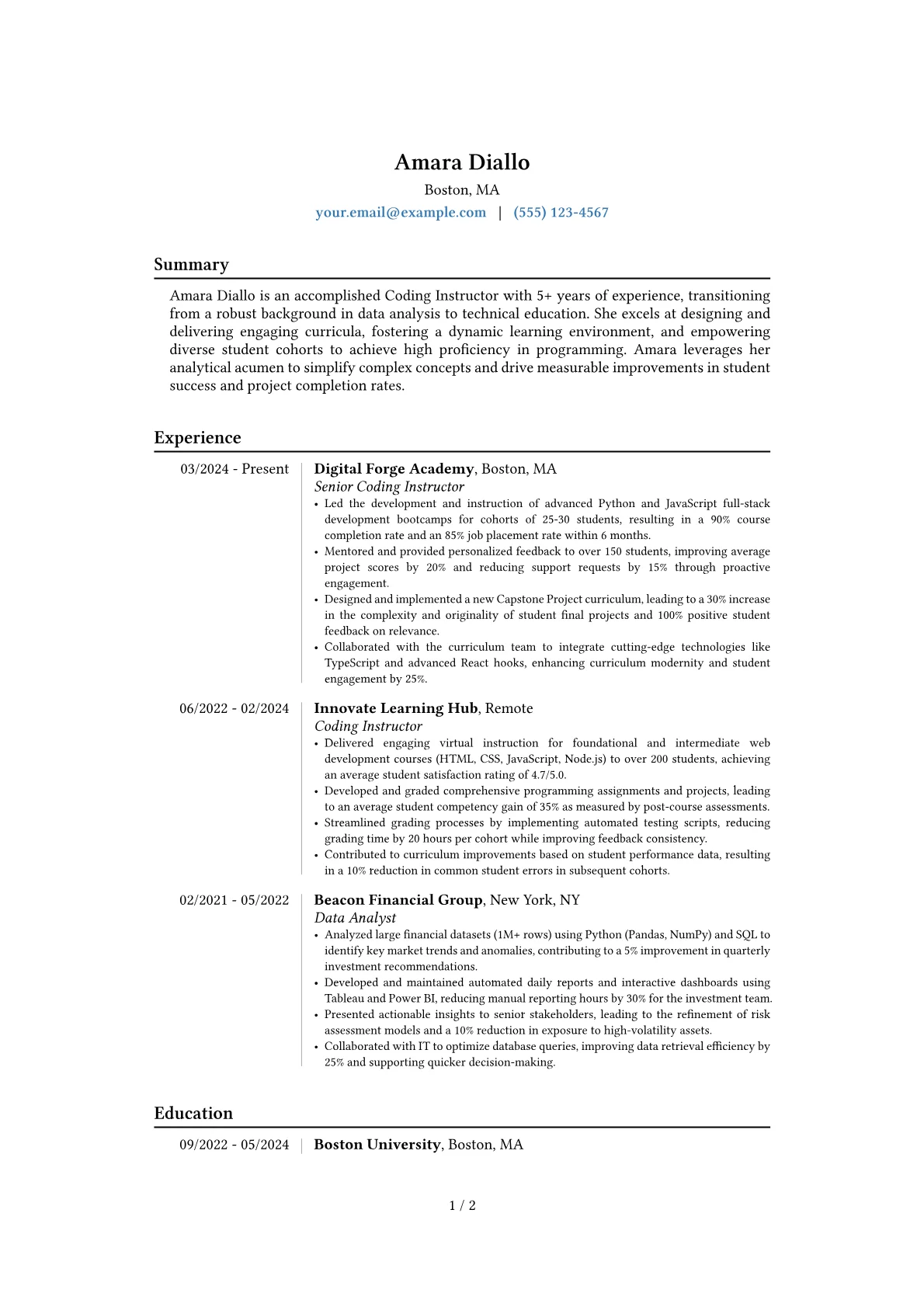 Coding Instructor resume example, Career changer, page 1