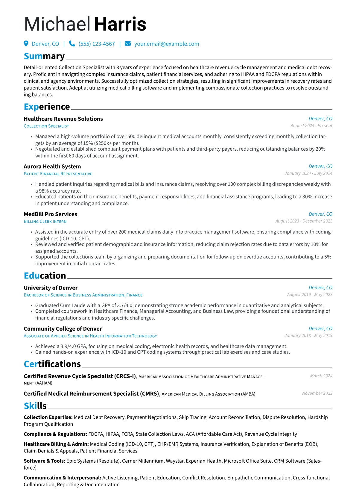 Collection Specialist resume example, Healthcare Collections, page 1