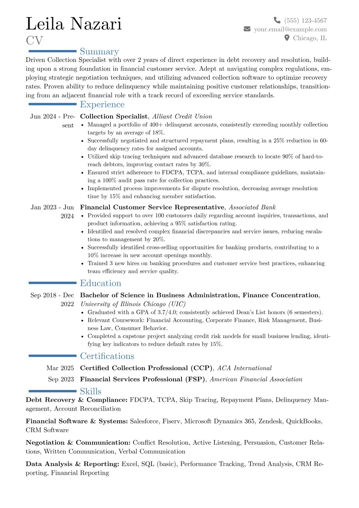 Collection Specialist resume example, Career changer, page 1