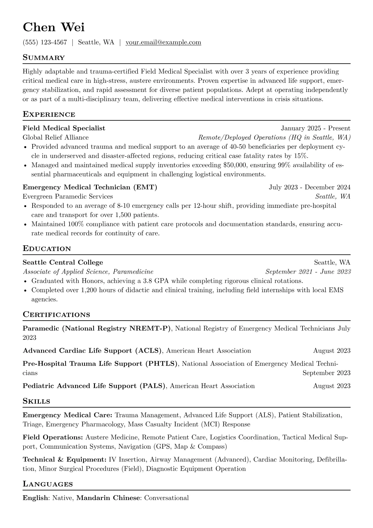 Combat Medic resume example, Field Medical Specialist, page 1