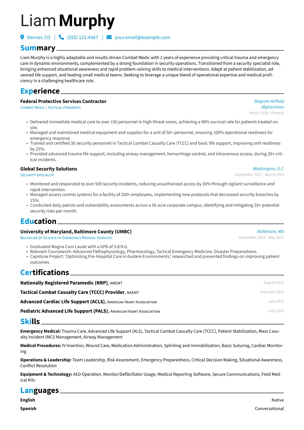 Combat Medic resume example, Career changer, page 1