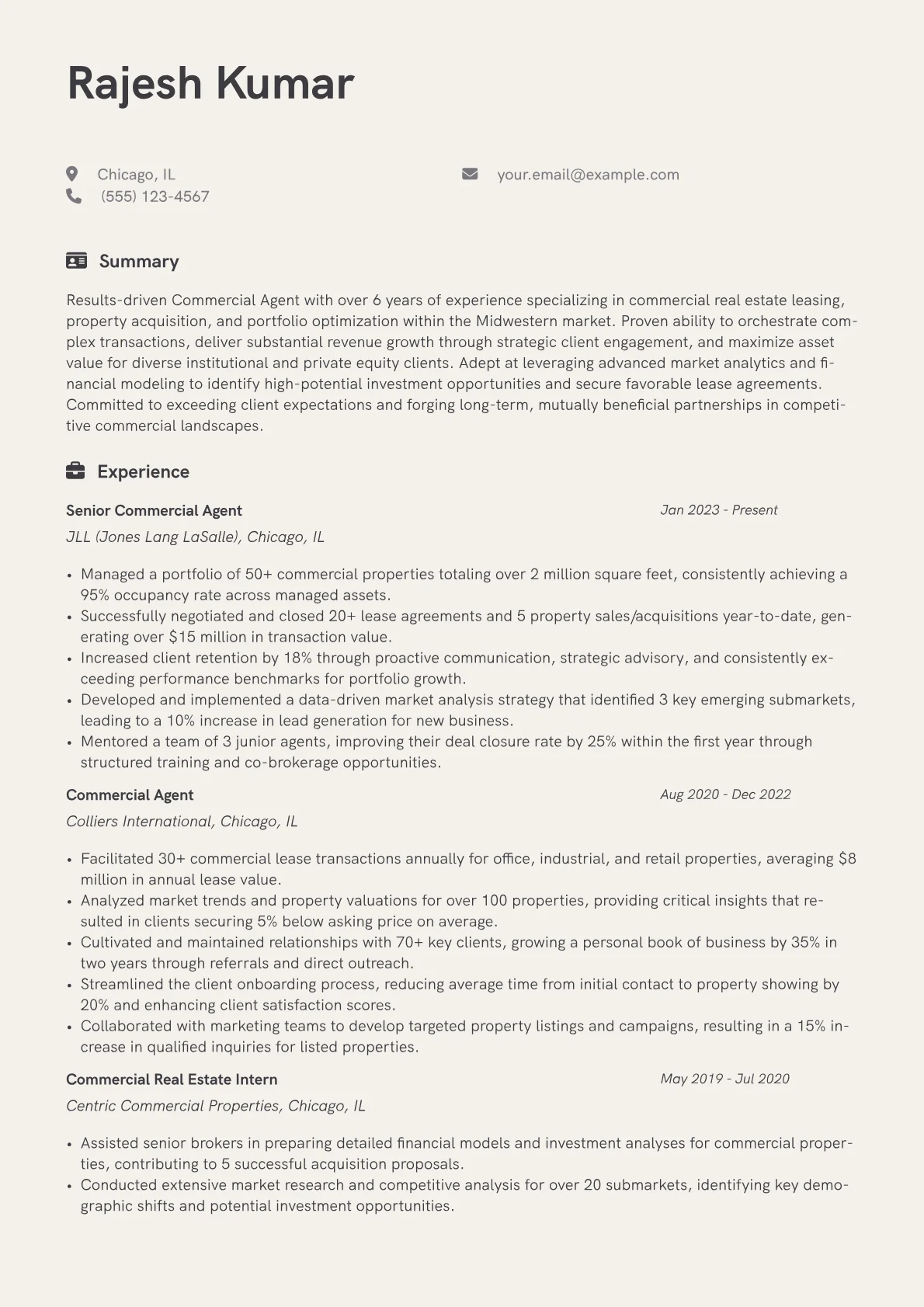 Commercial Agent resume example, Commercial Real Estate, page 1