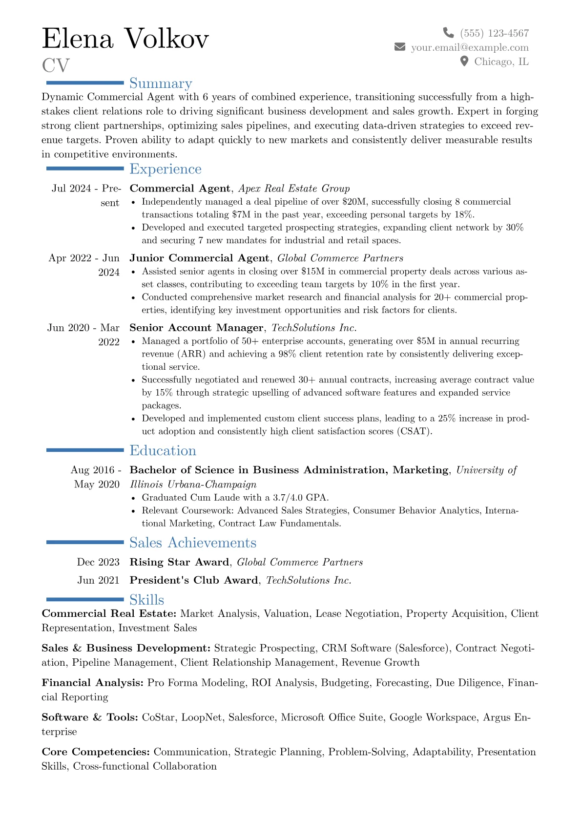 Commercial Agent resume example, Career changer, page 1