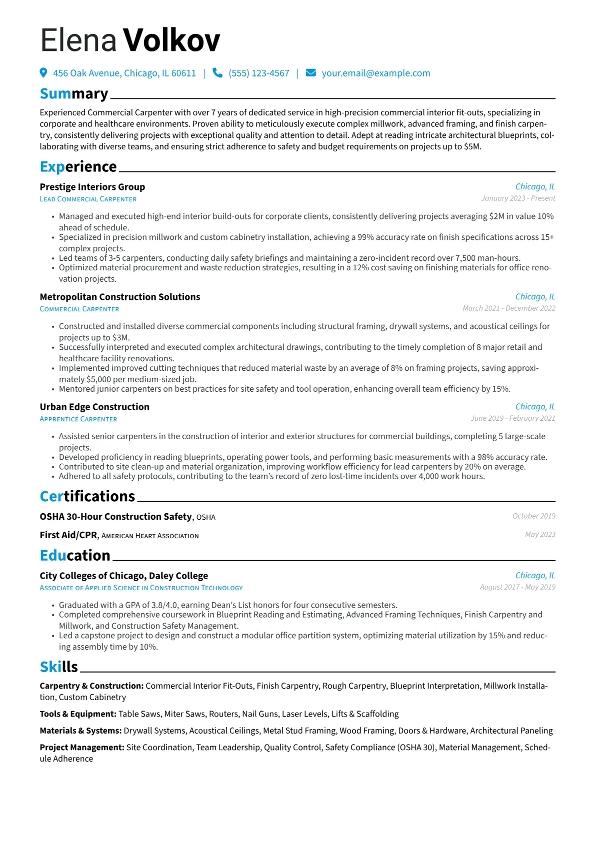 Commercial Carpenter resume example, Commercial Carpenter, page 1