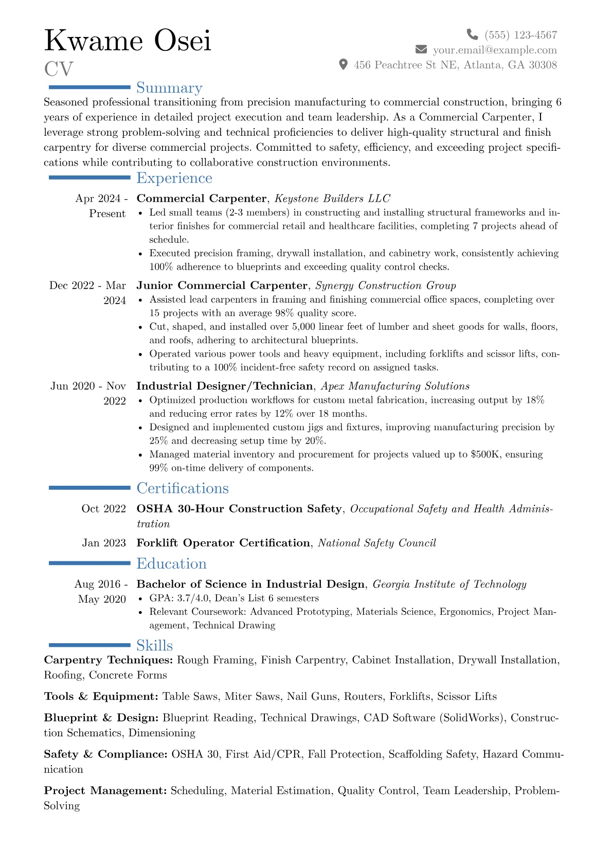 Commercial Carpenter resume example, Career changer, page 1