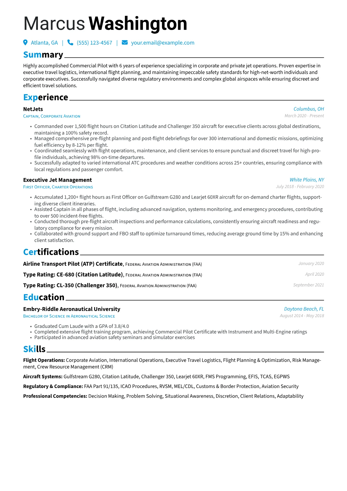 Commercial Pilot resume example, Corporate Pilot, page 1