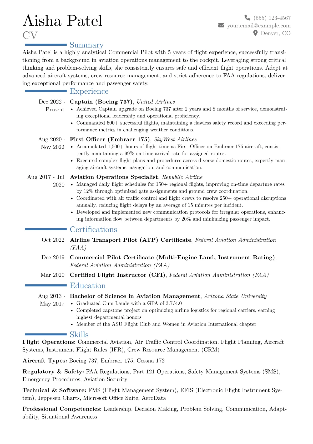 Commercial Pilot resume example, Career changer, page 1