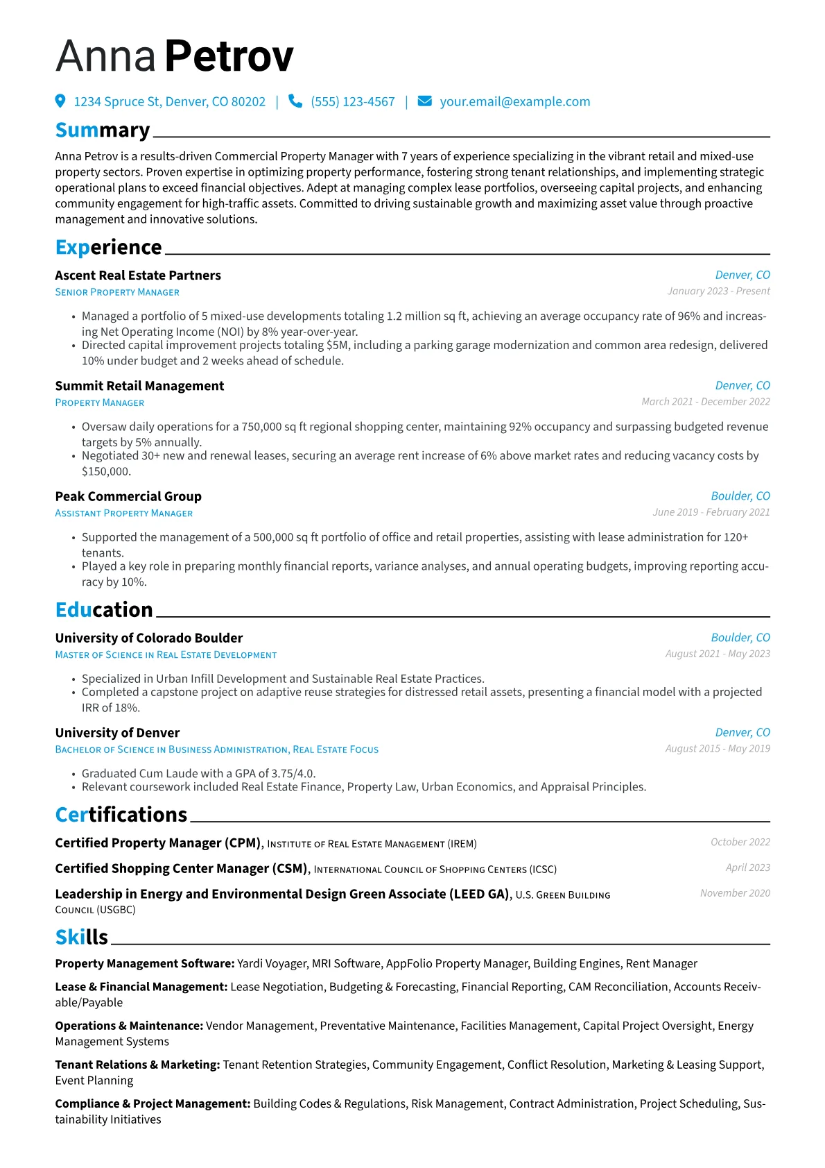 Commercial Property Manager resume example, Retail & Mixed-Use, page 1