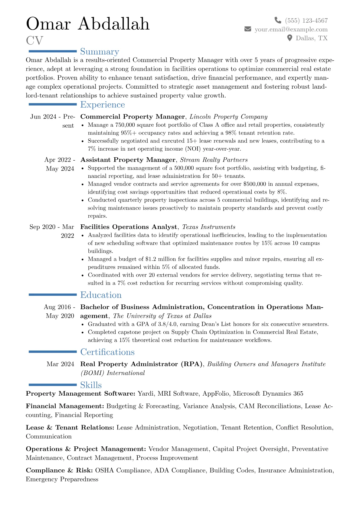 Commercial Property Manager resume example, Career changer, page 1