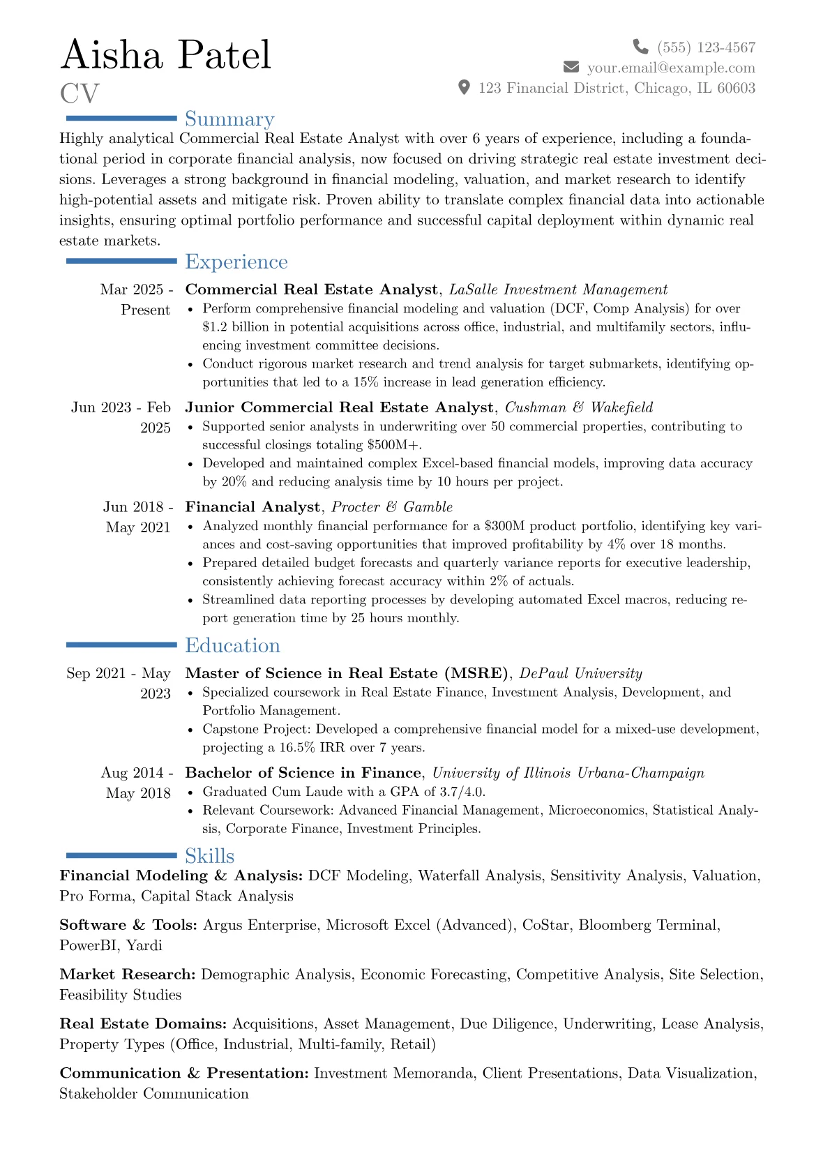 Commercial Real Estate Analyst resume example, Career changer, page 1