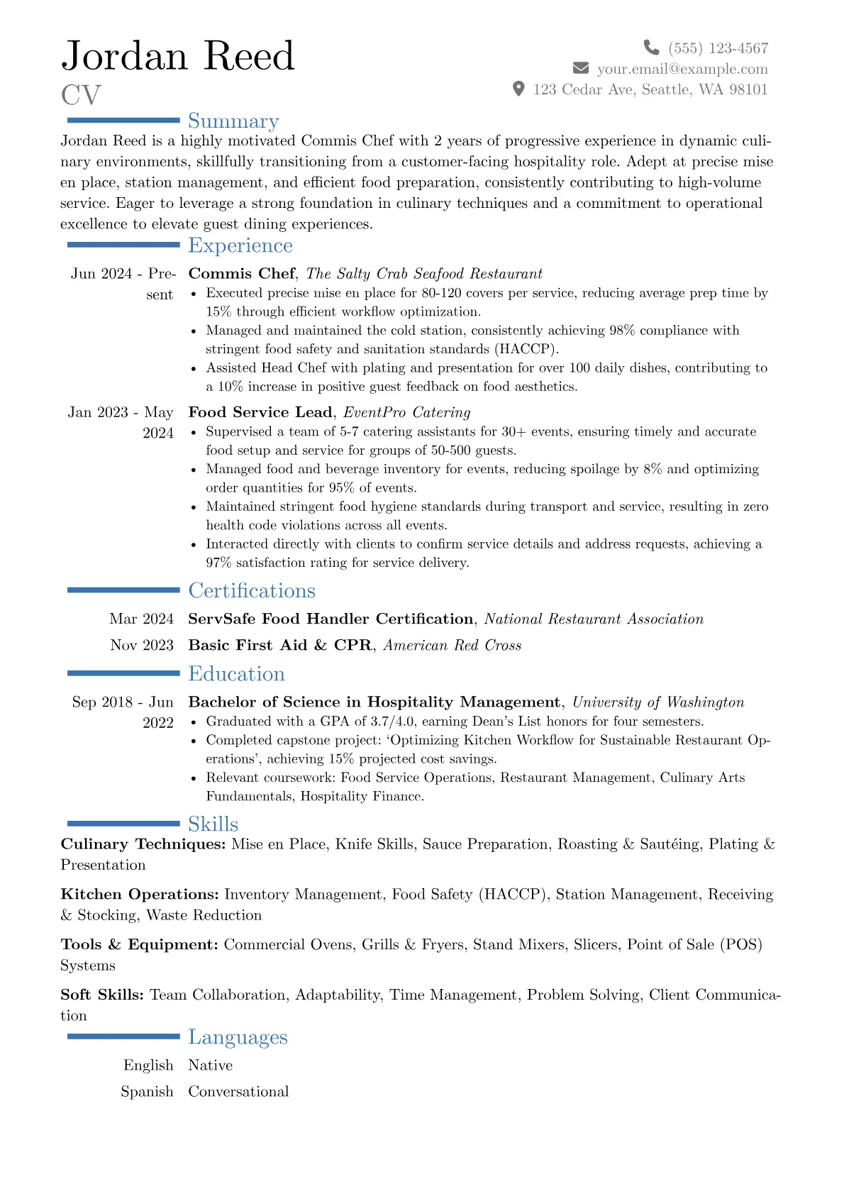 Commis Chef resume example, Career changer, page 1