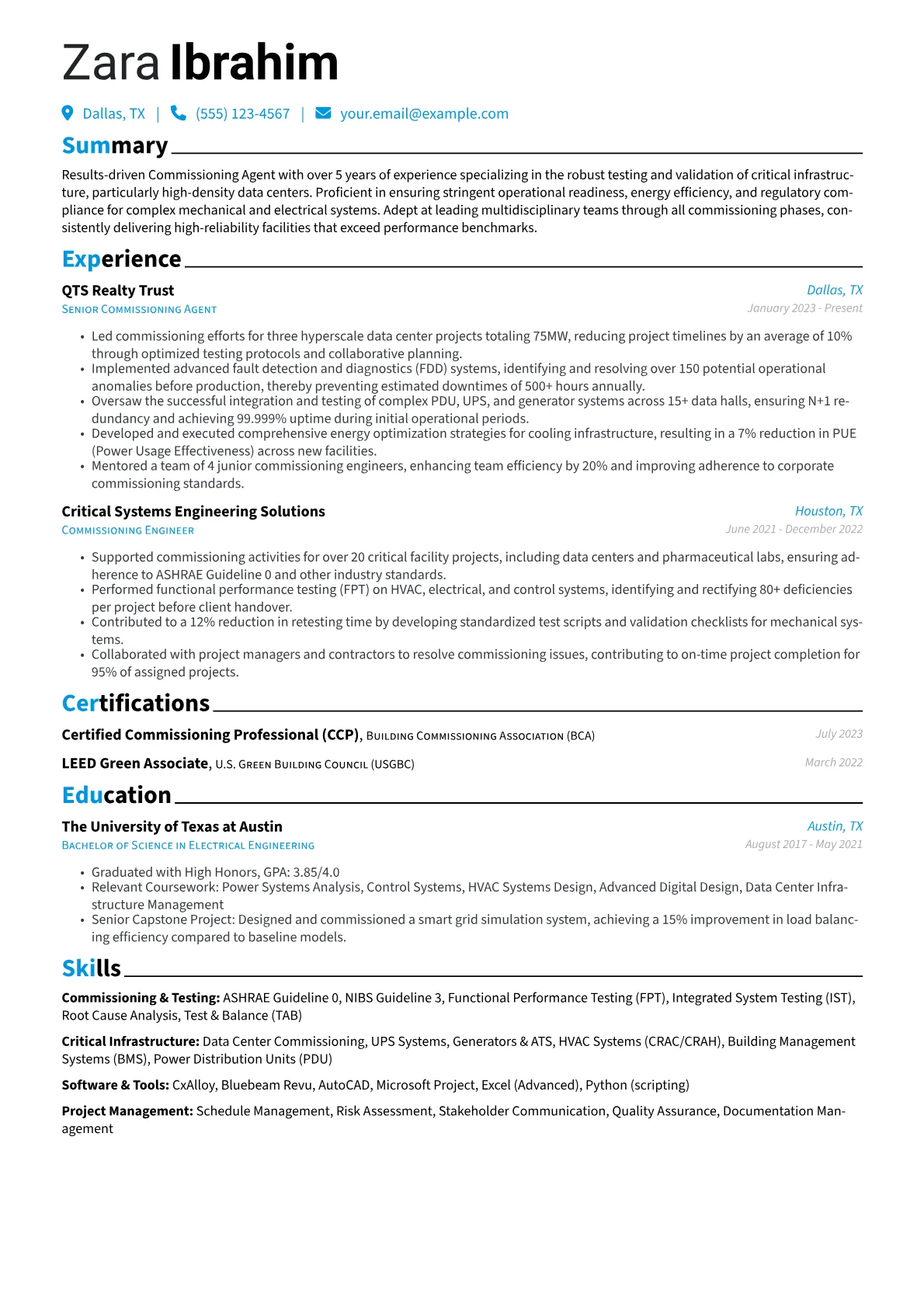 Commissioning Agent resume example, Data Center & Critical, page 1