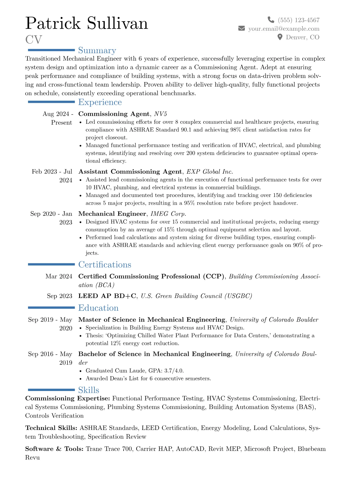 Commissioning Agent resume example, Career changer, page 1
