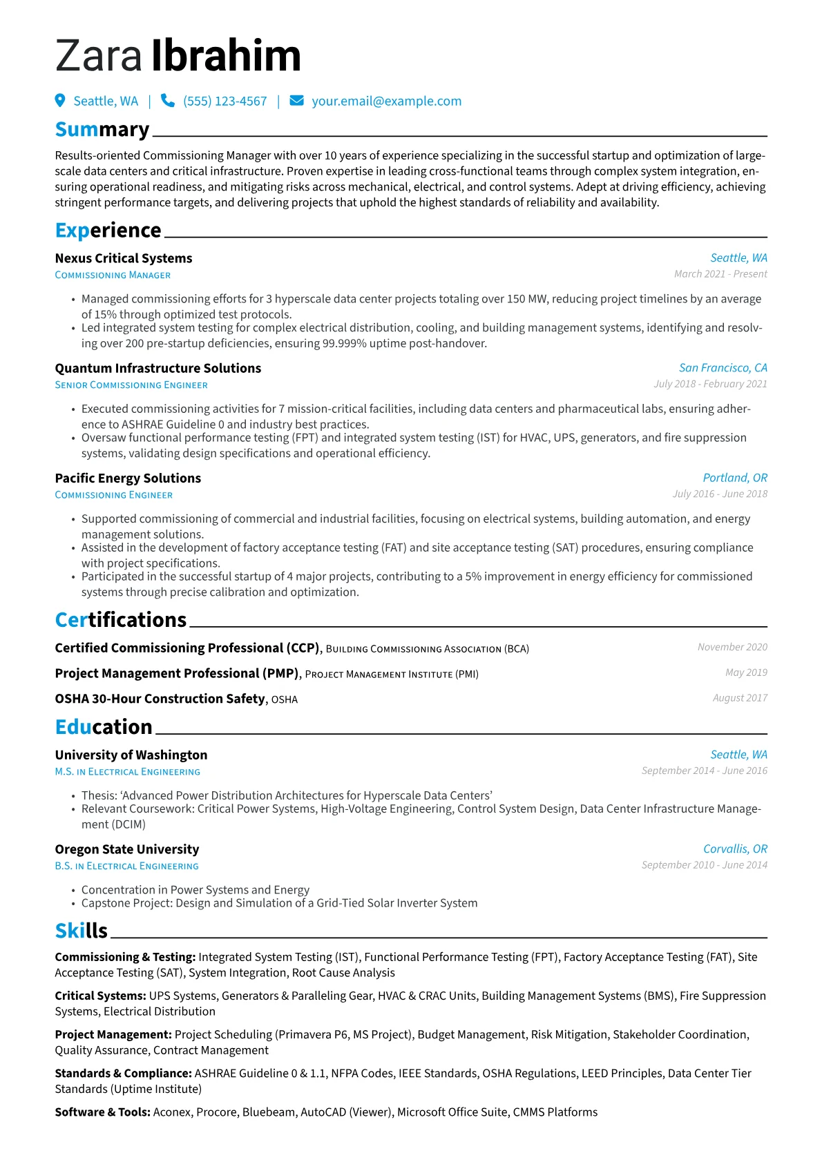 Commissioning Manager resume example, Data Center & Critical, page 1