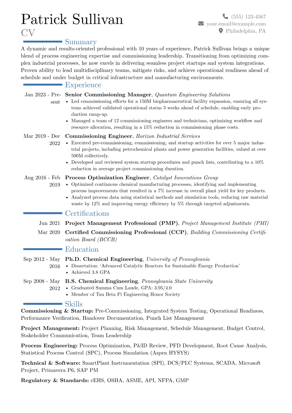 Commissioning Manager resume example, Career changer, page 1