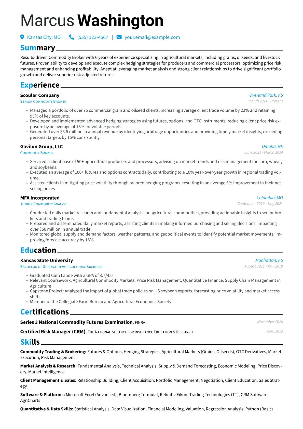 Commodity Broker resume example, Agricultural Commodities, page 1