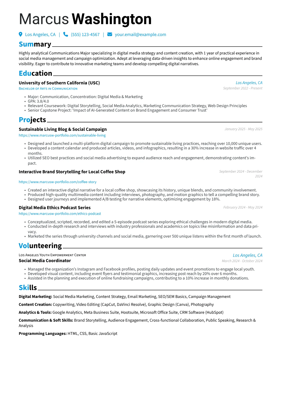 Communications Major resume example, Digital Marketing, page 1