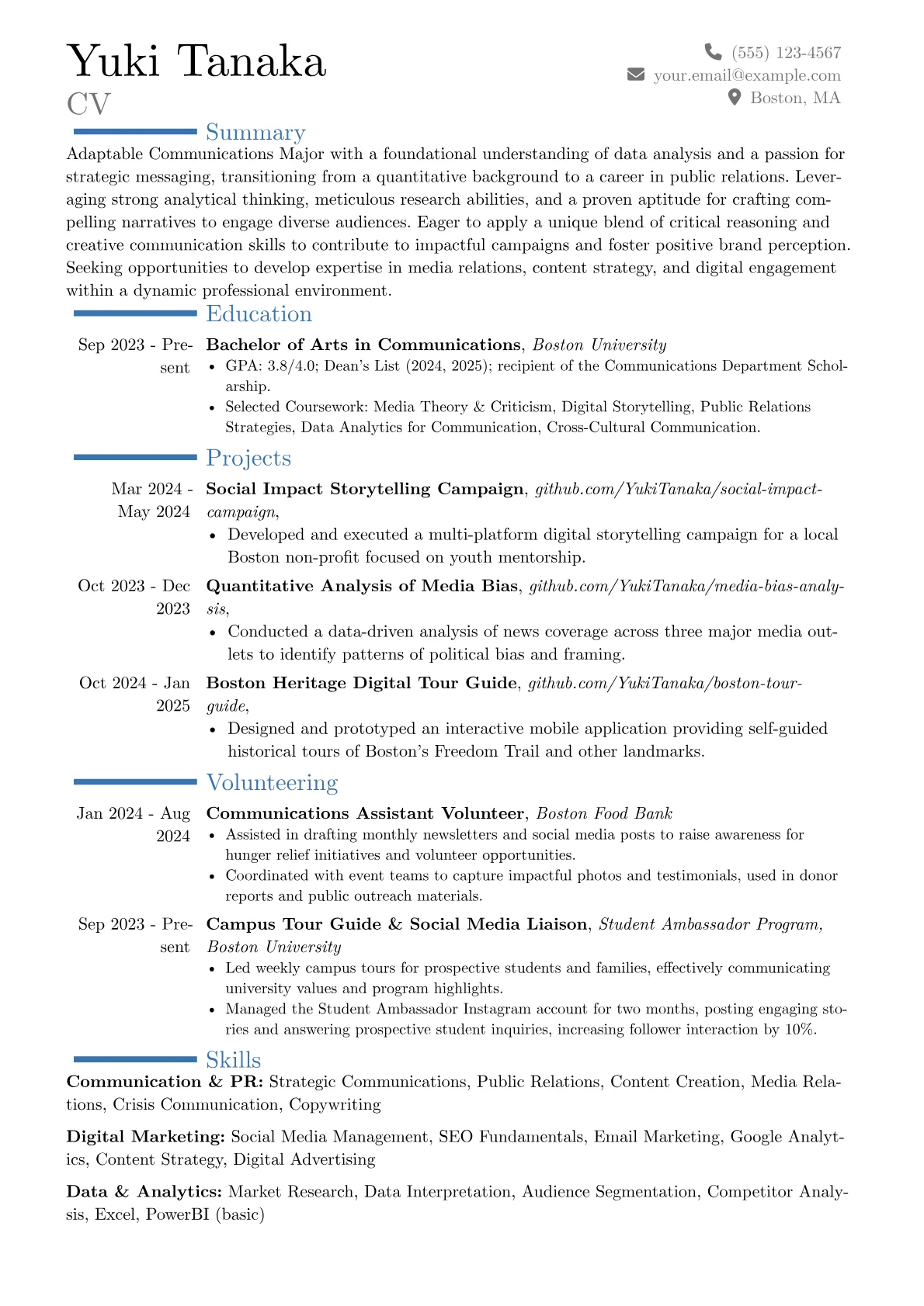 Communications Major resume example, Career changer, page 1