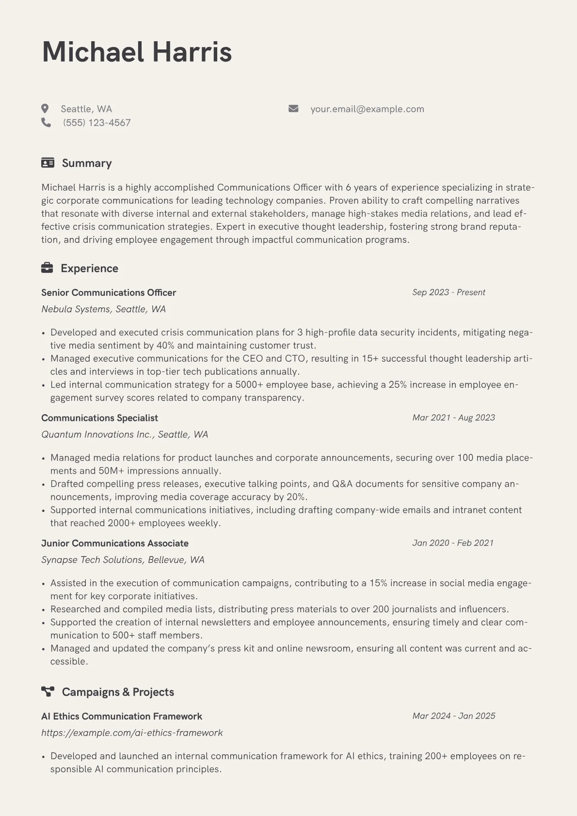 Communications Officer resume example, Corporate Communications, page 1