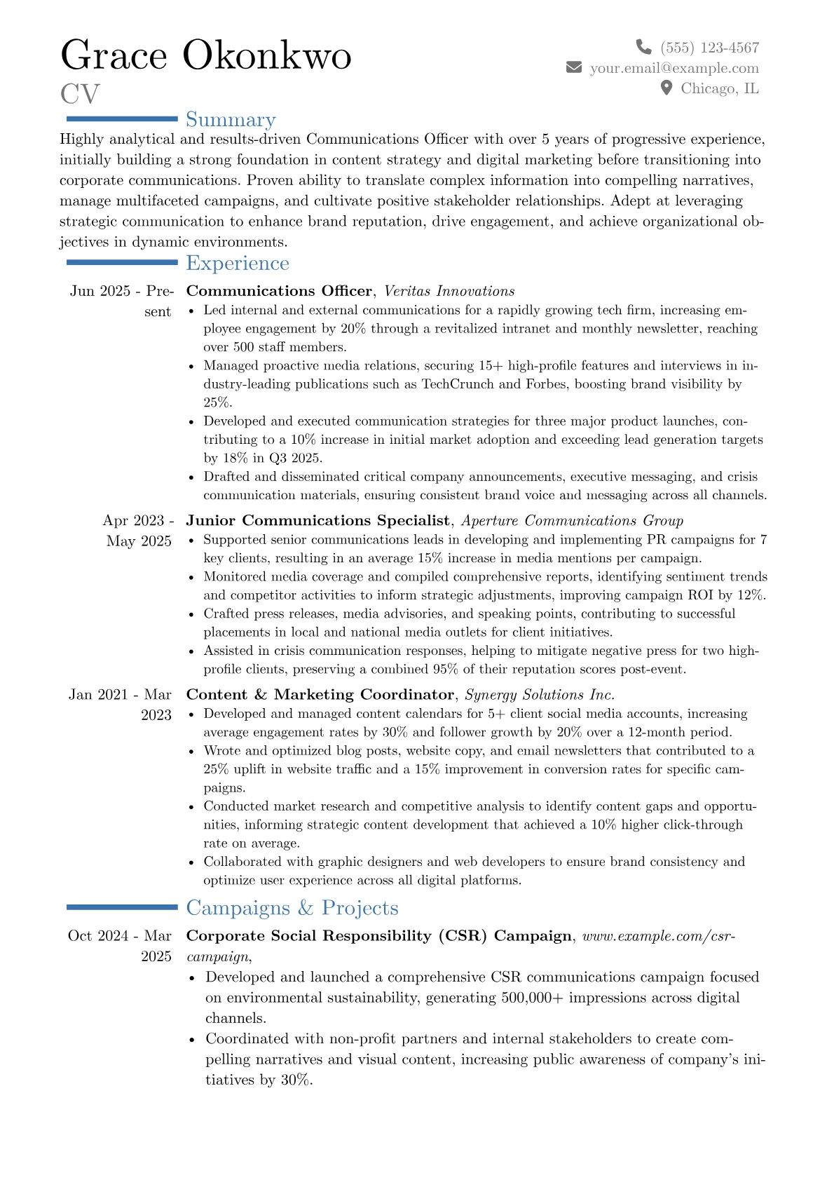 Communications Officer resume example, Career changer, page 1