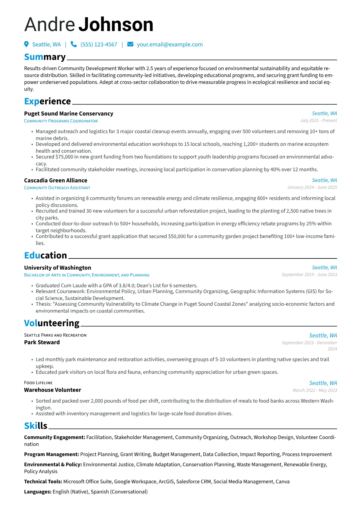 Community Development Worker resume example, Environmental Justice, page 1