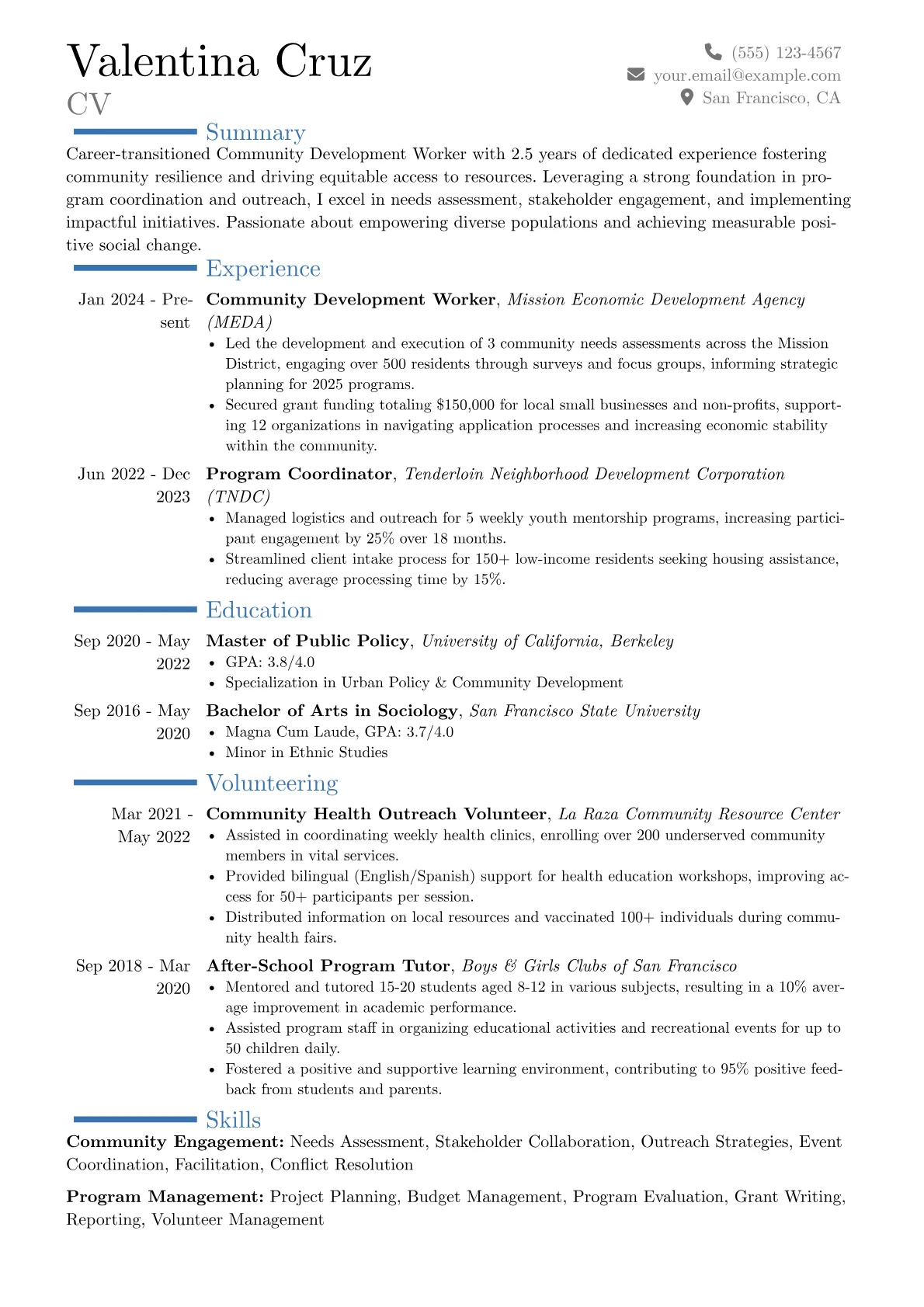 Community Development Worker resume example, Career changer, page 1