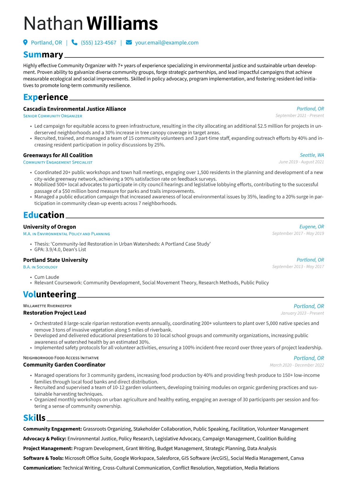 Community Organizer resume example, Community Engagement, page 1