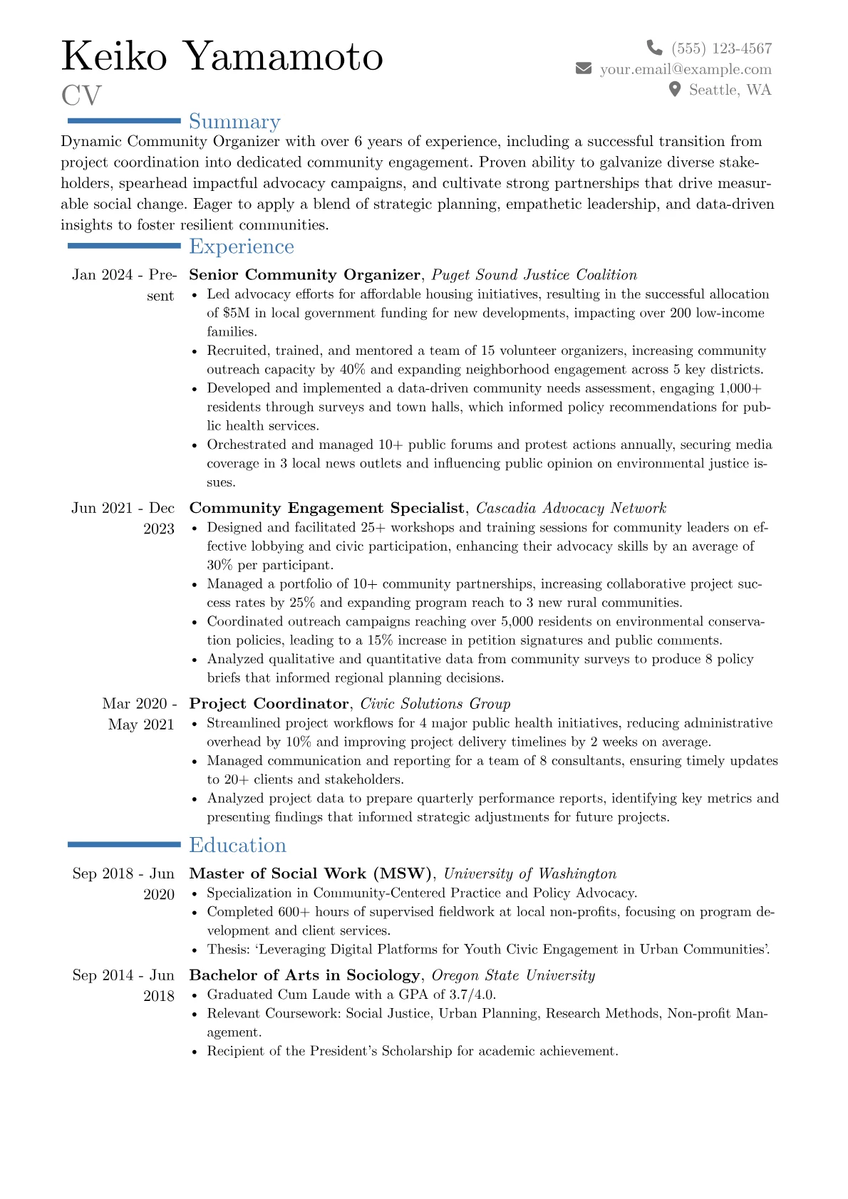 Community Organizer resume example, Career changer, page 1
