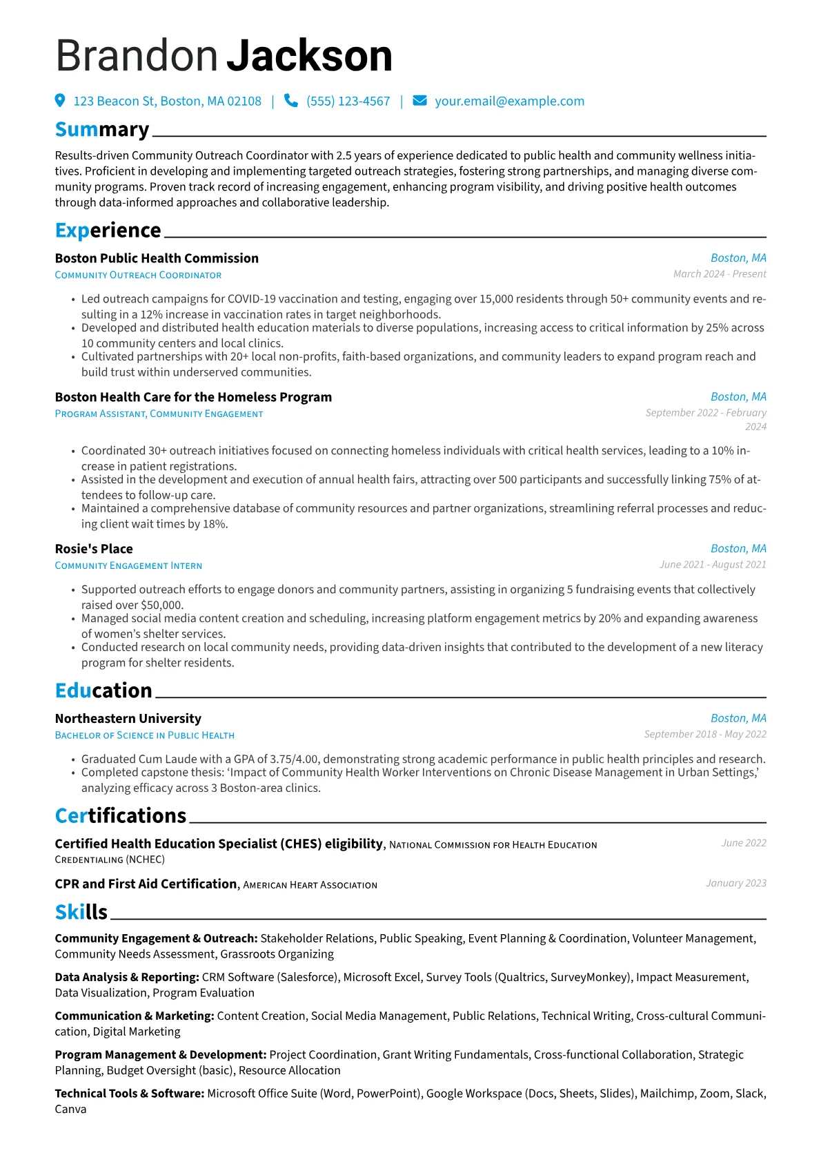Community Outreach Coordinator resume example, Public Health & Community, page 1