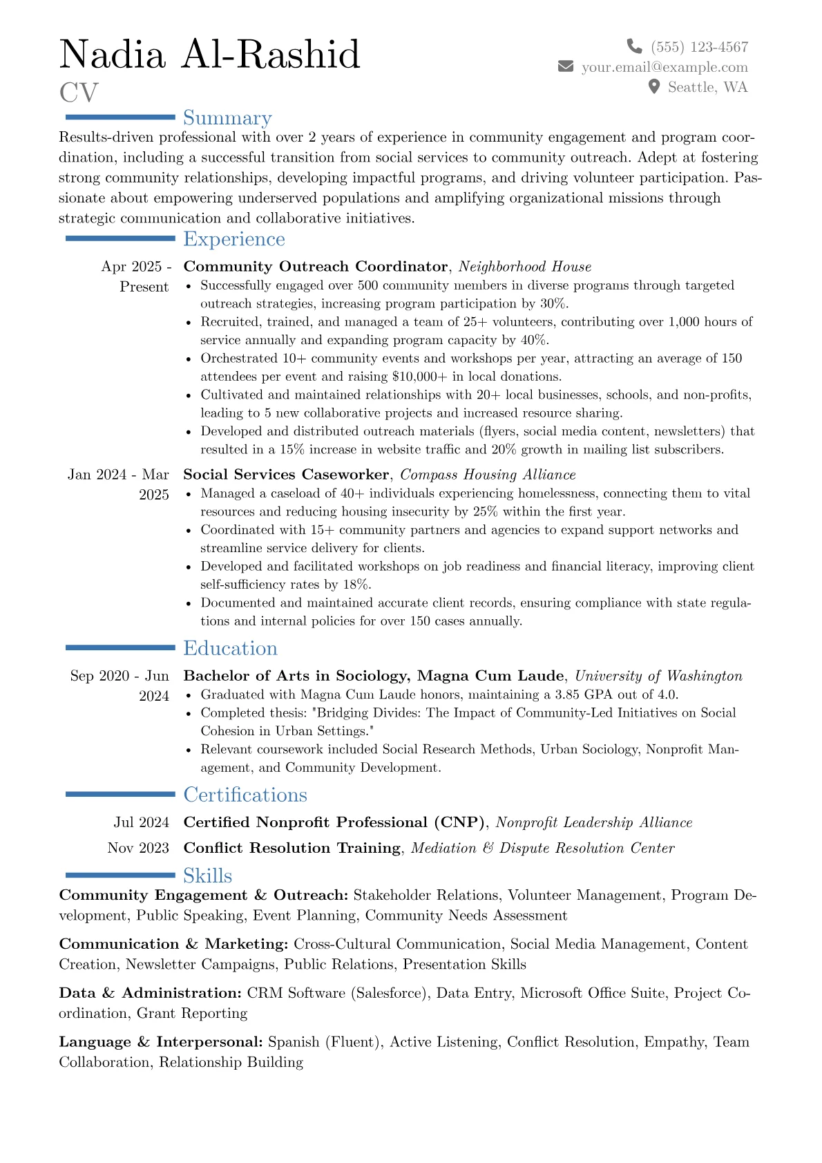 Community Outreach Coordinator resume example, Career changer, page 1