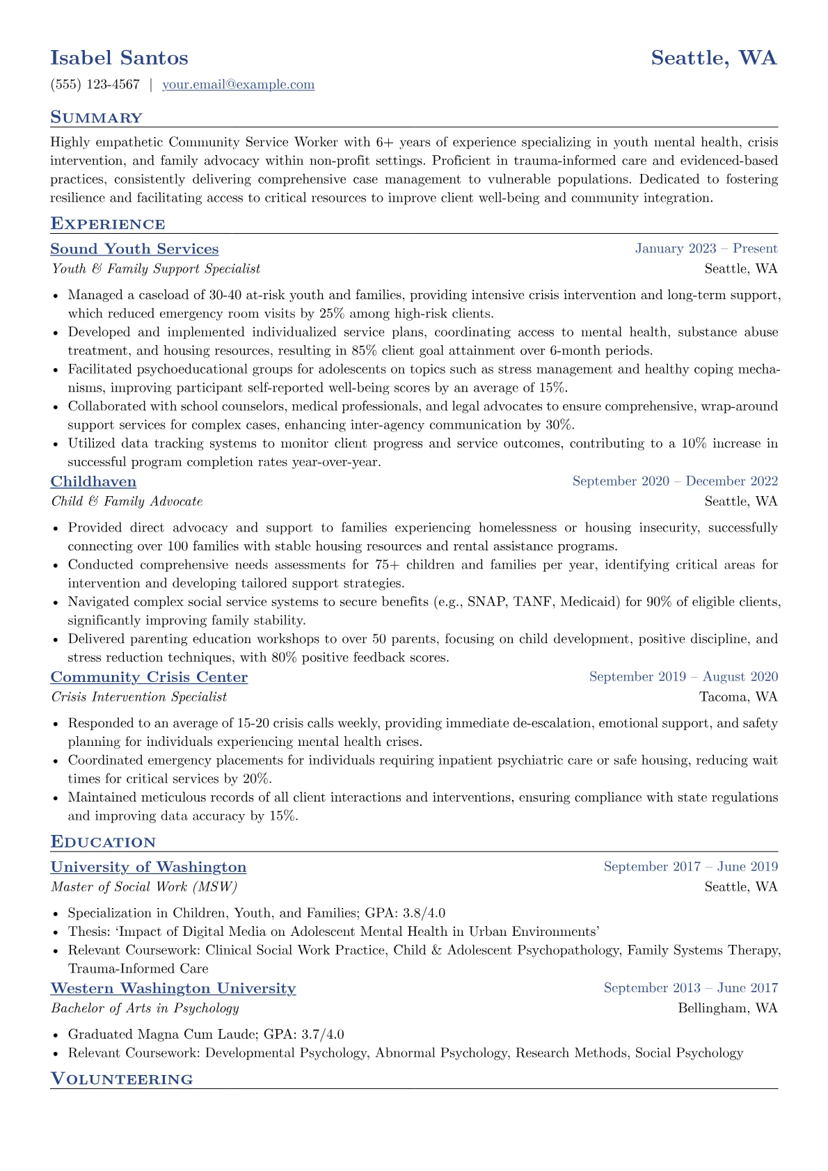 Community Service Worker resume example, Youth Mental Health, page 1