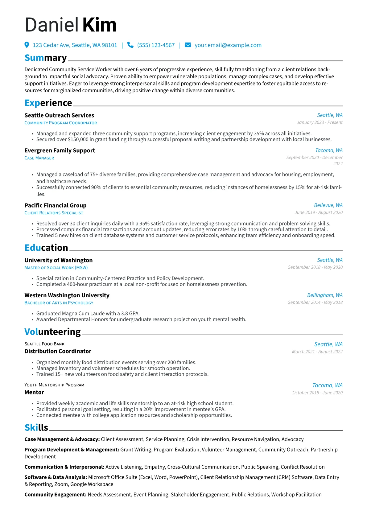 Community Service Worker resume example, Career changer, page 1
