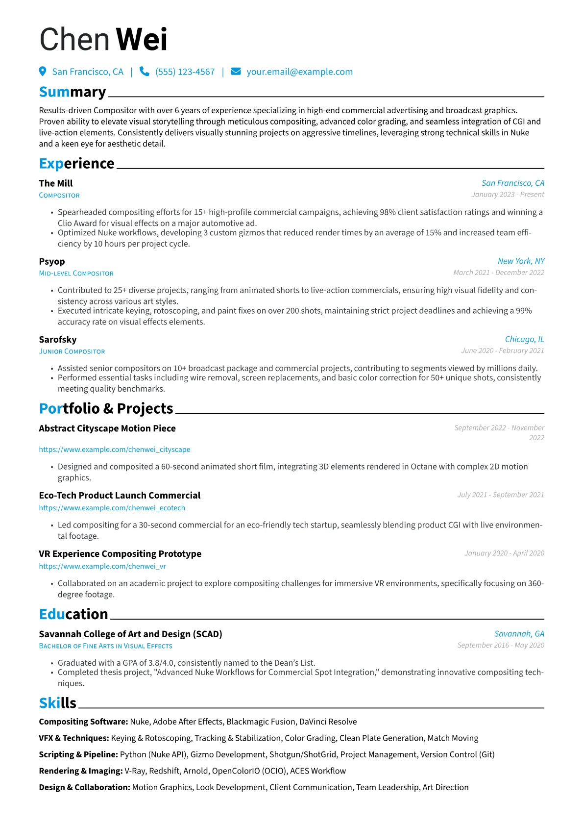 Compositor resume example, Commercials & Broadcast, page 1