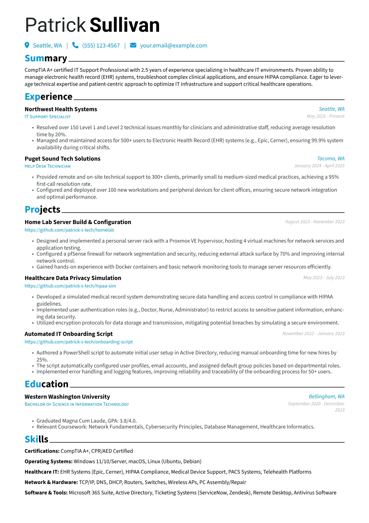 CompTIA A+ Professional resume example, CompTIA A+ Professional, page 1