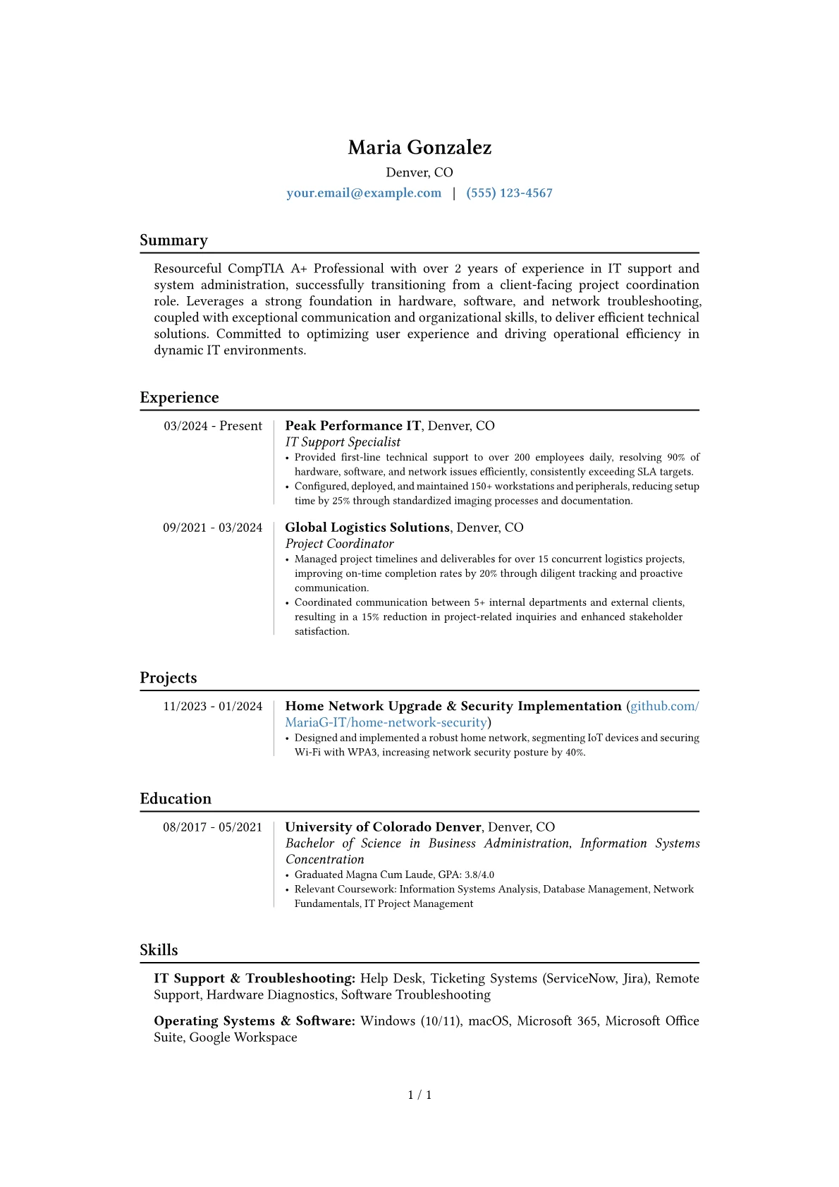 CompTIA A+ Professional resume example, Career changer, page 1
