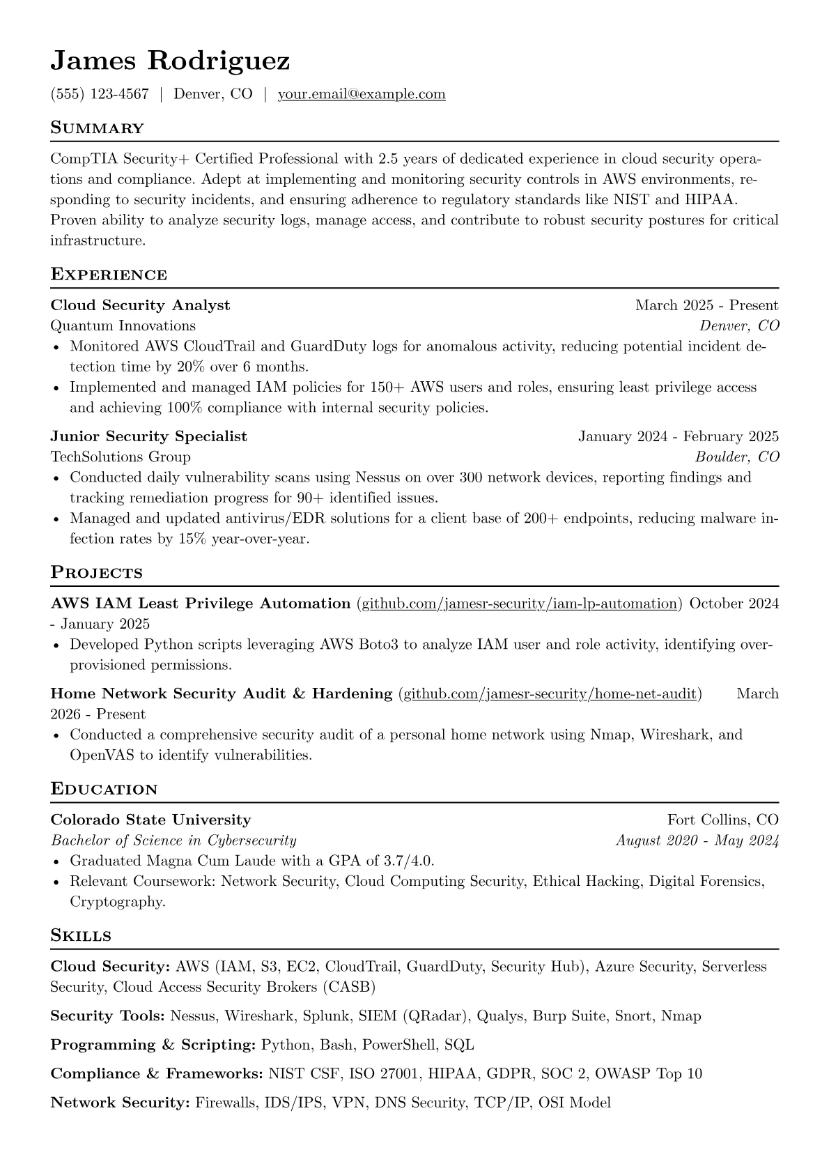 CompTIA Security+ Certified Professional resume example, Cloud Security, page 1