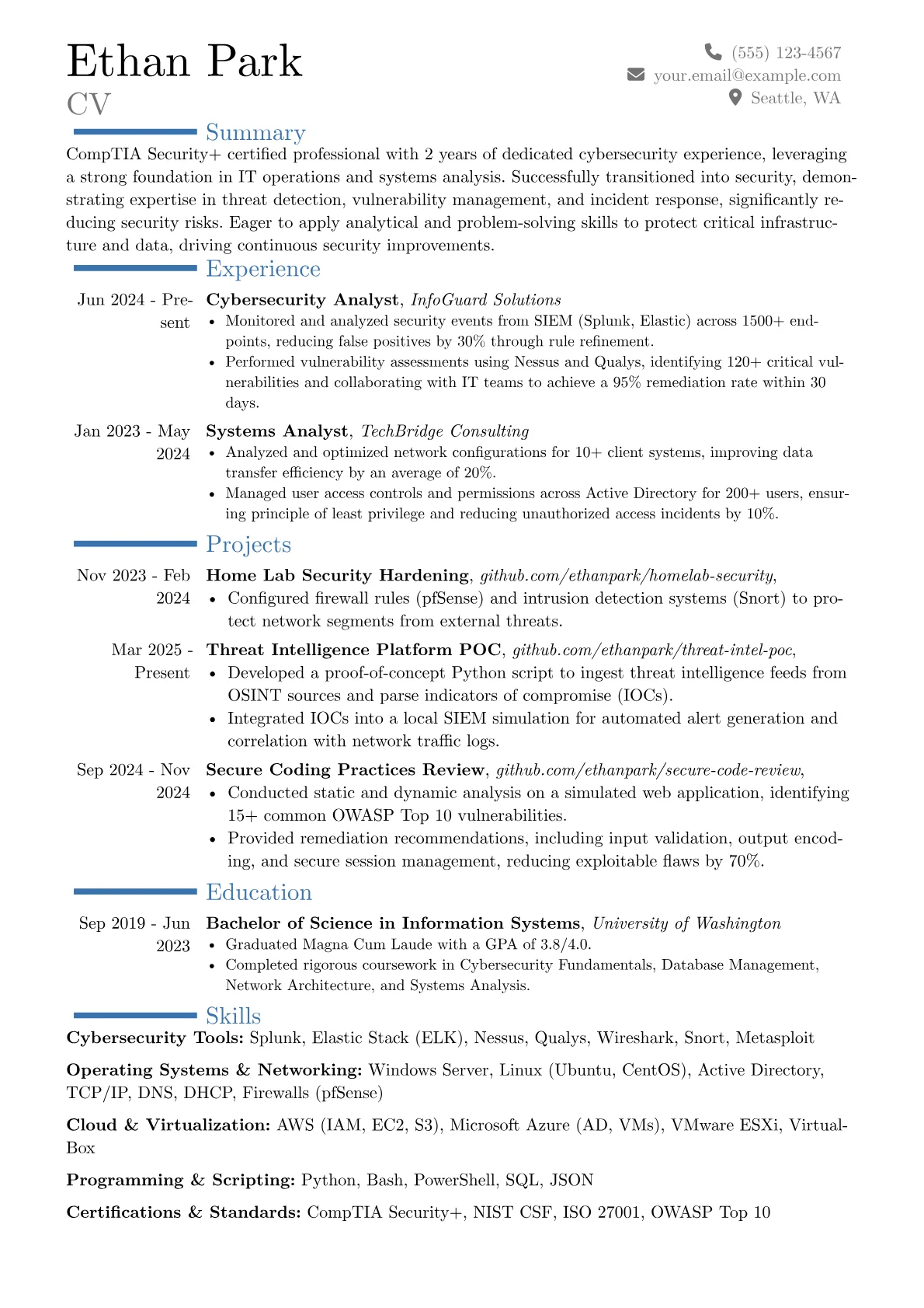 CompTIA Security+ Certified Professional resume example, Career changer, page 1