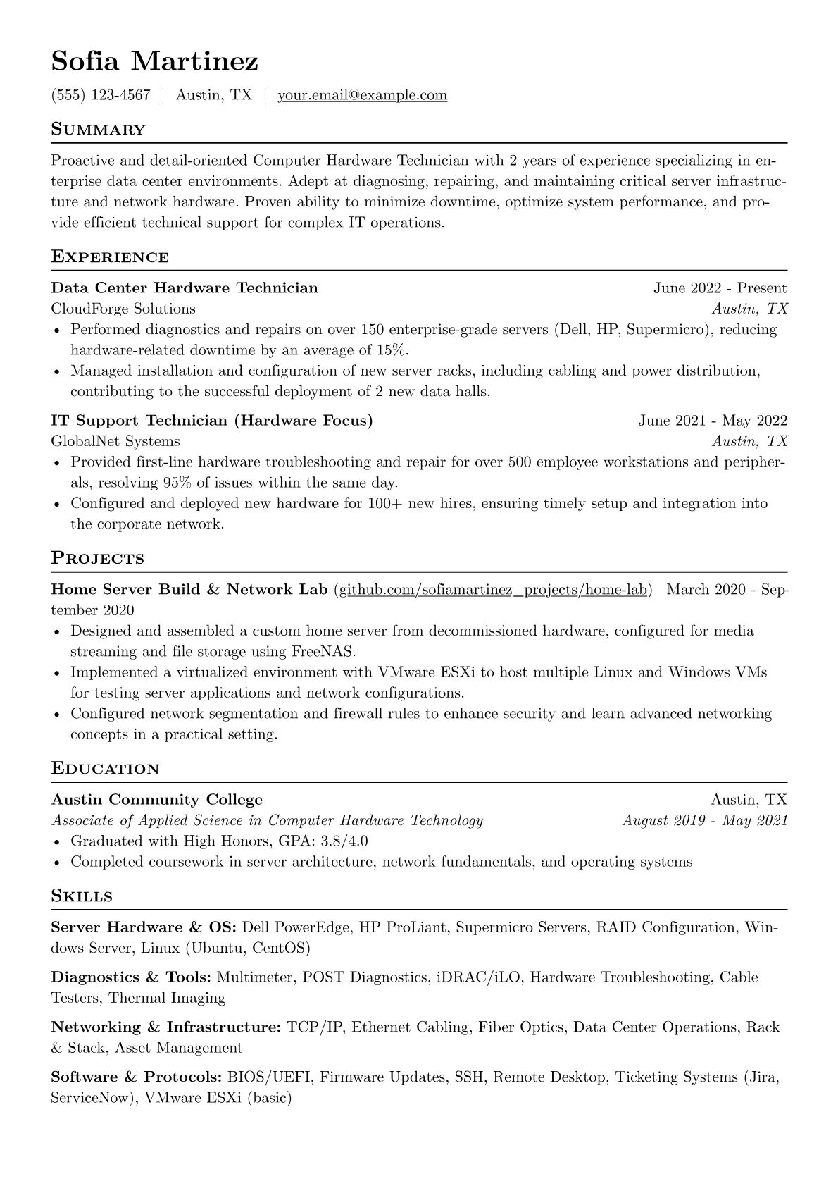 Computer Hardware Technician resume example, Computer Hardware, page 1