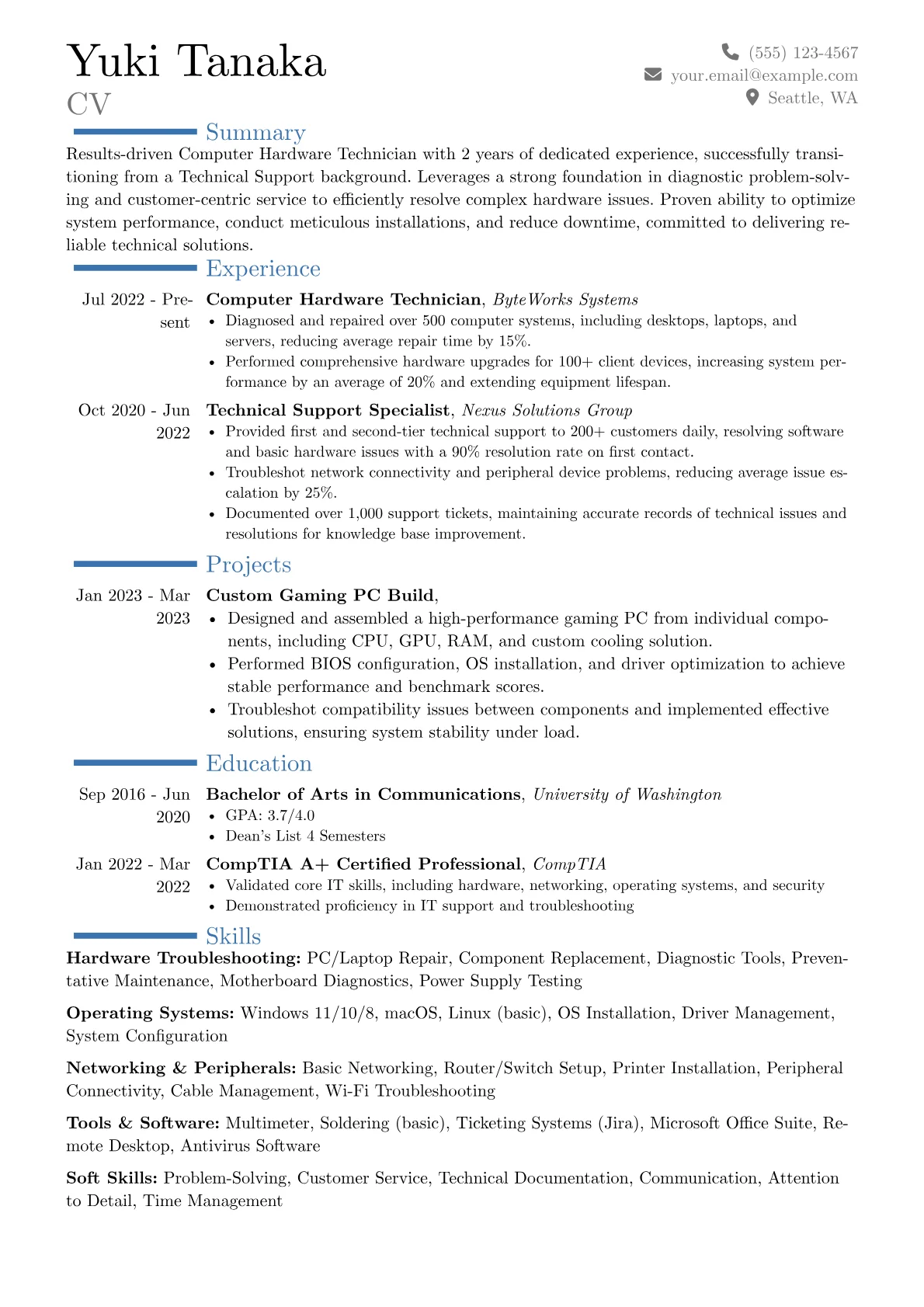 Computer Hardware Technician resume example, Career changer, page 1