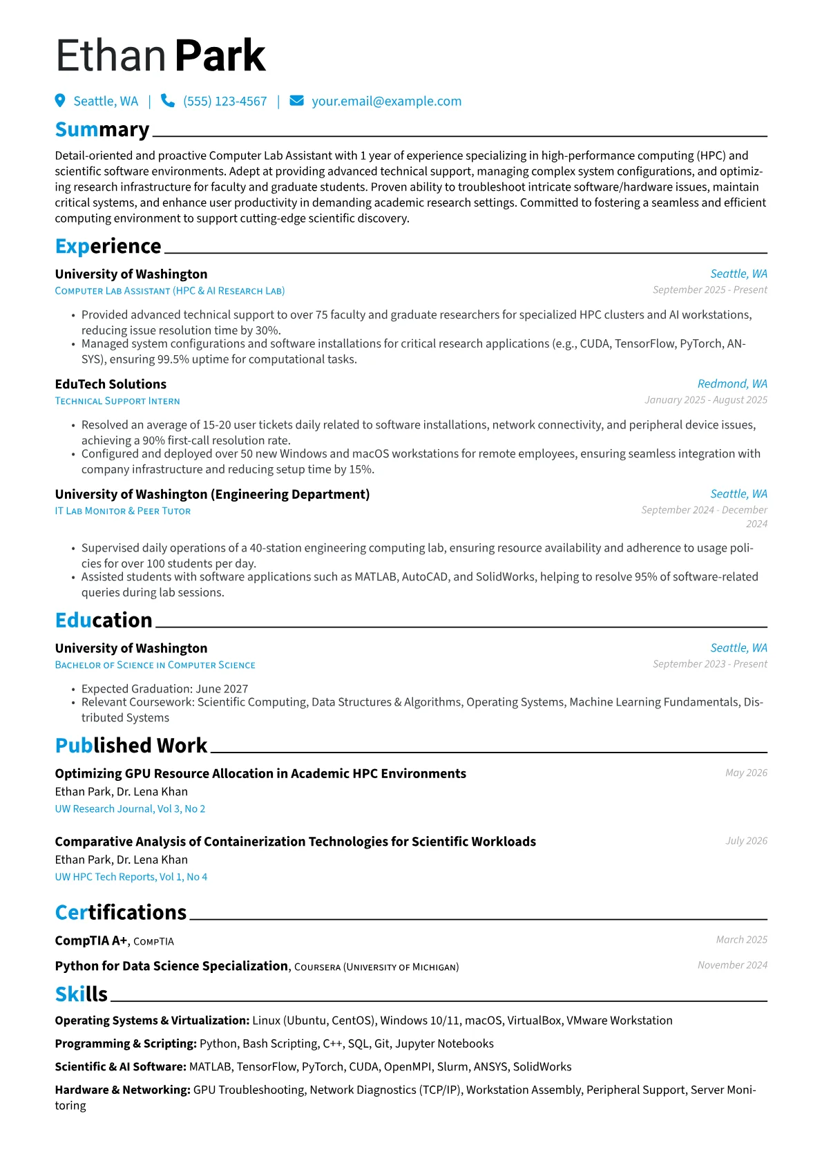 Computer Lab Assistant resume example, HPC Research Lab, page 1