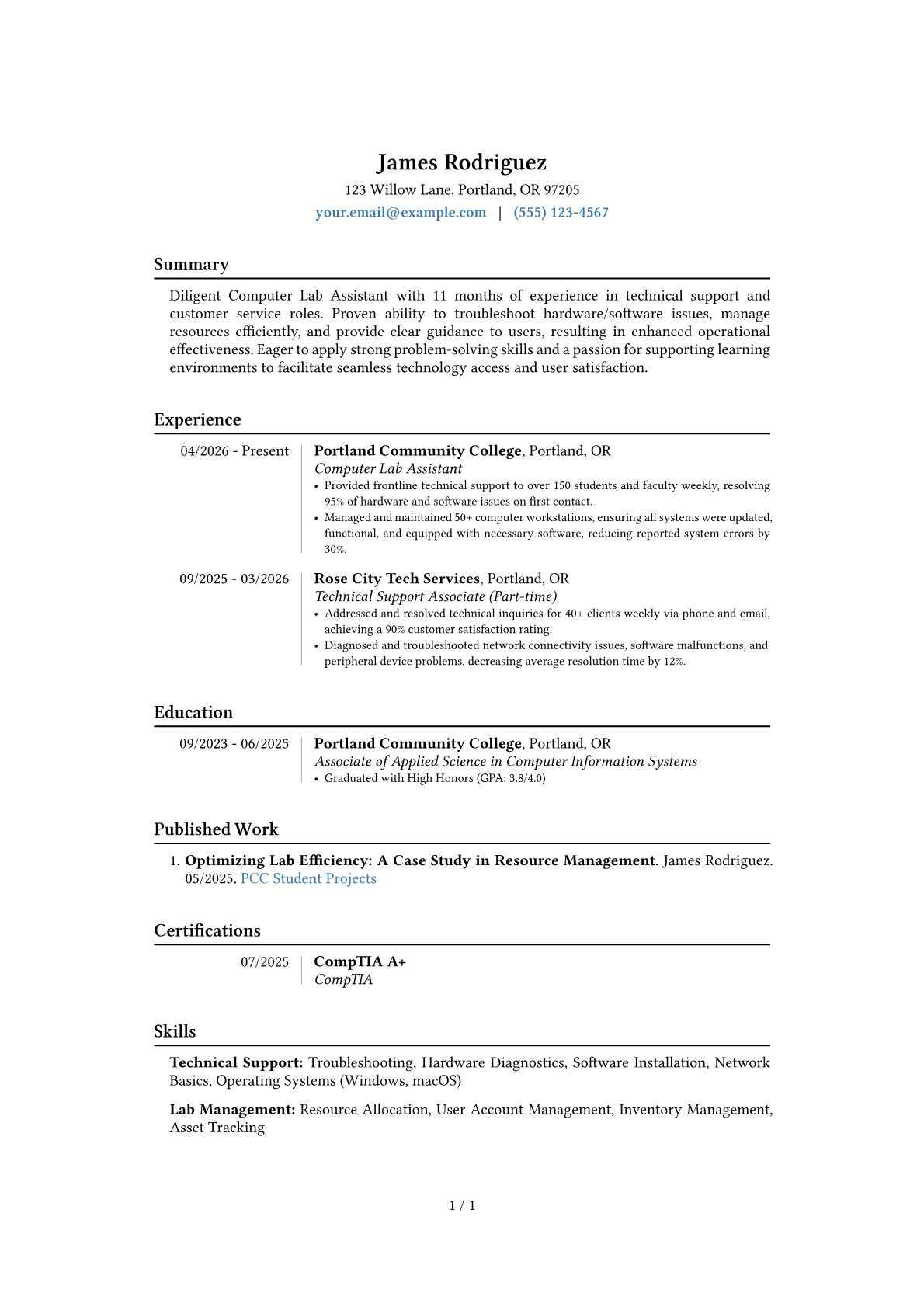 Computer Lab Assistant resume example, Career changer, page 1